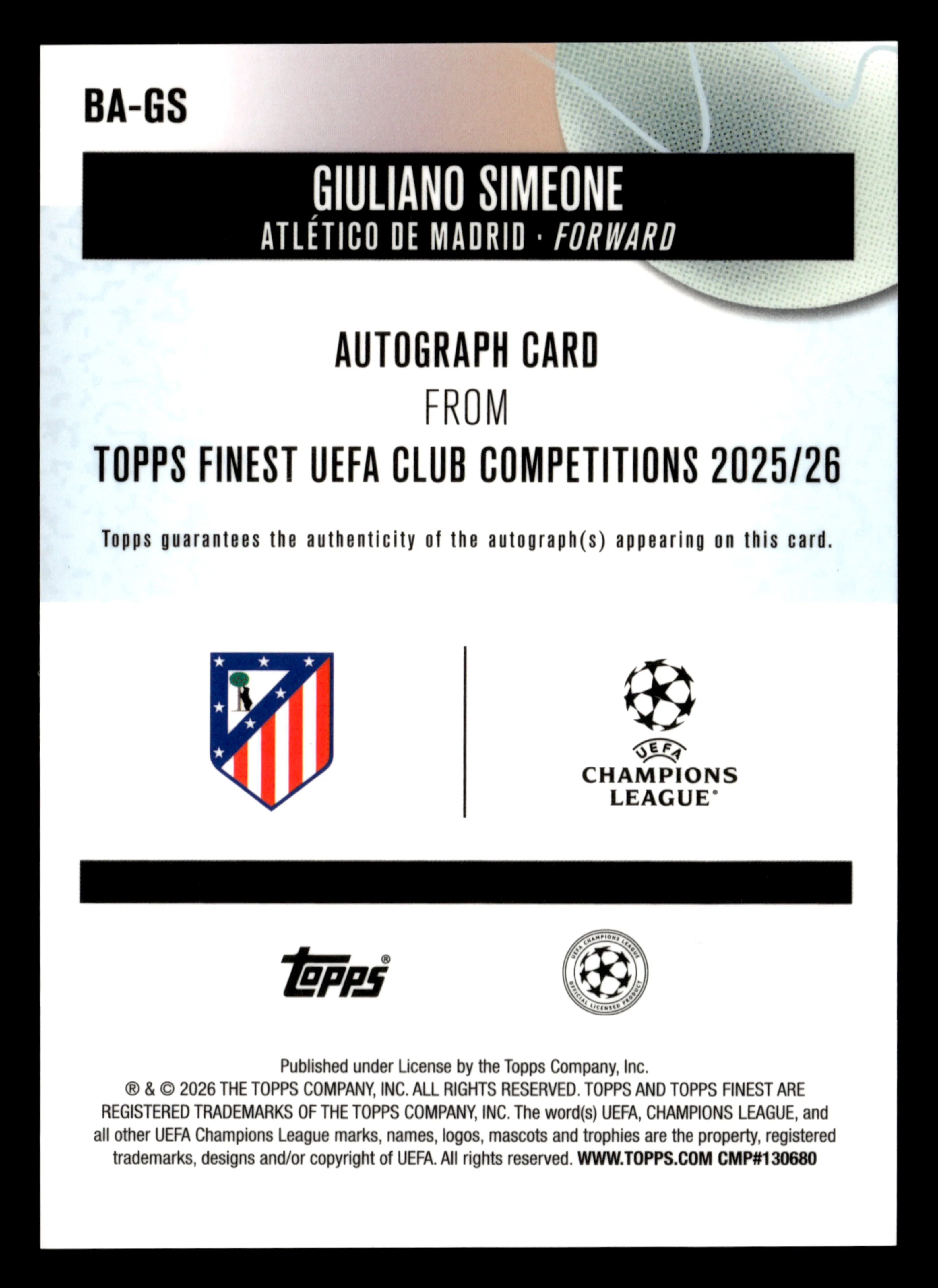 2025-26 Finest UEFA Club Competitions #BA-GS Giuliano Simeone Base Autographs - Image 2