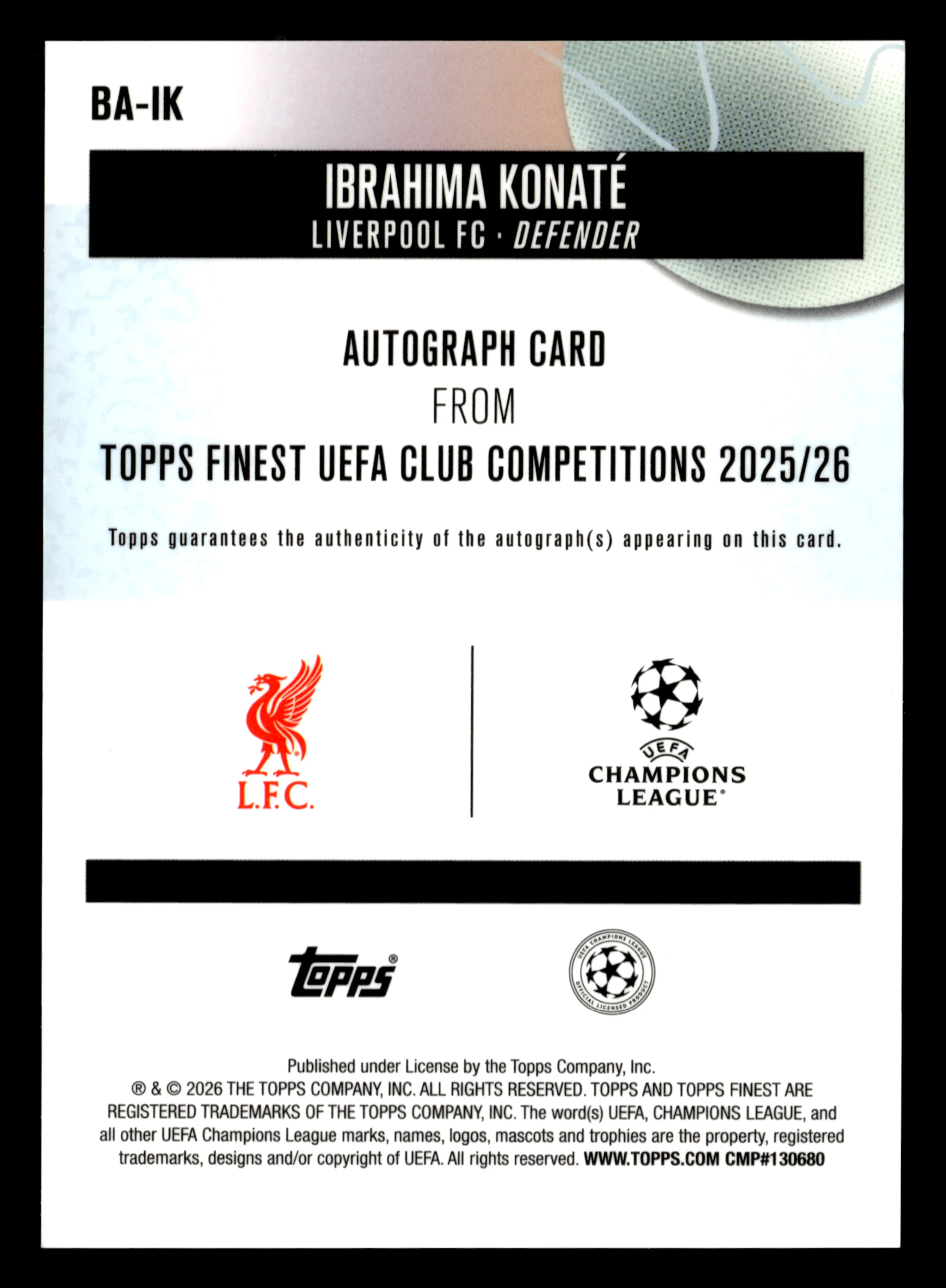 2025-26 Finest UEFA Club Competitions #BA-IK Ibrahima Konaté Base Autographs - Image 2