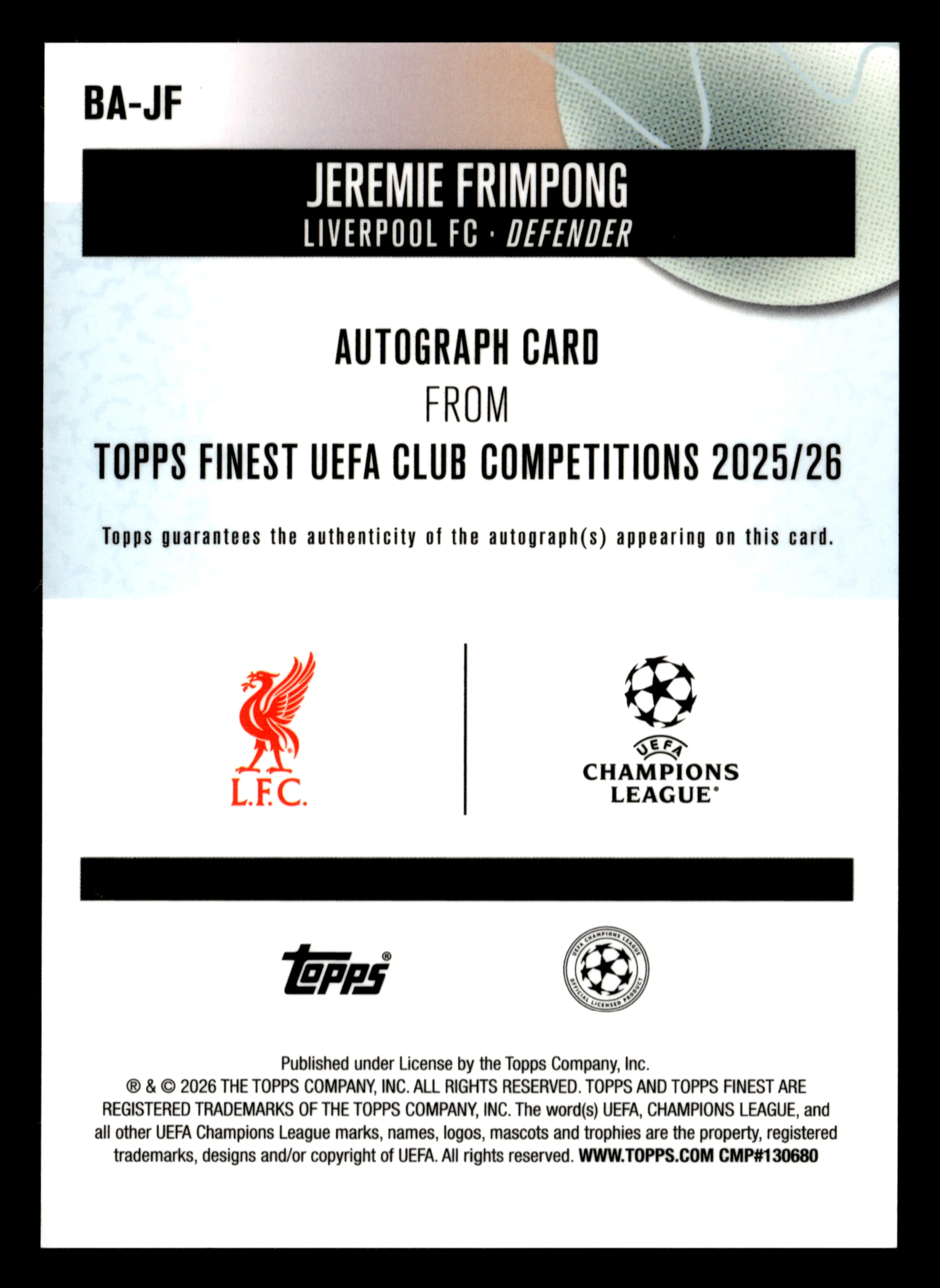 2025-26 Finest UEFA Club Competitions #BA-JF Jeremie Frimpong Base Autographs - Image 2
