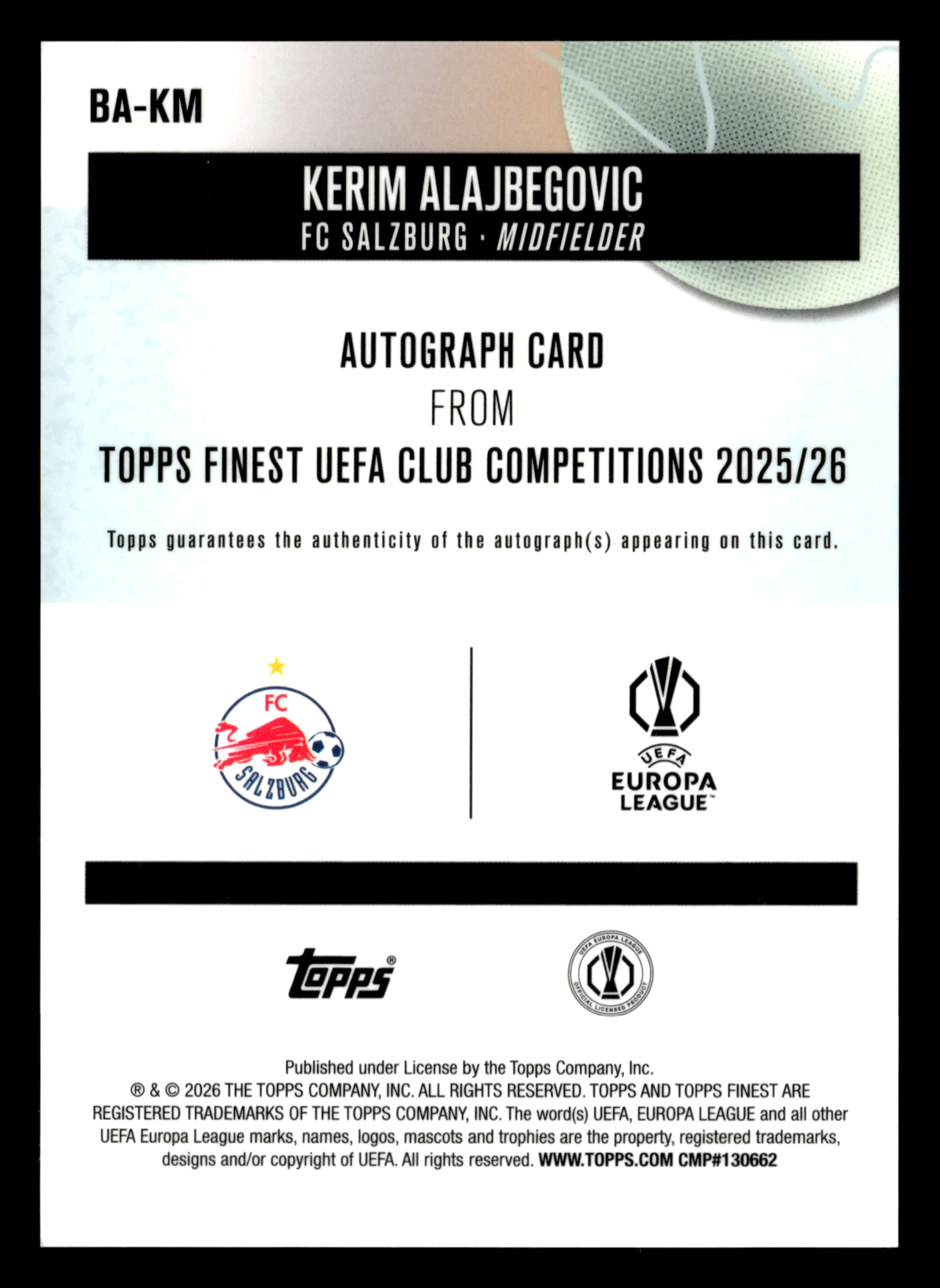 2025-26 Finest UEFA Club Competitions #BA-KM Kerim Alajbegovic Base Autographs - Image 2