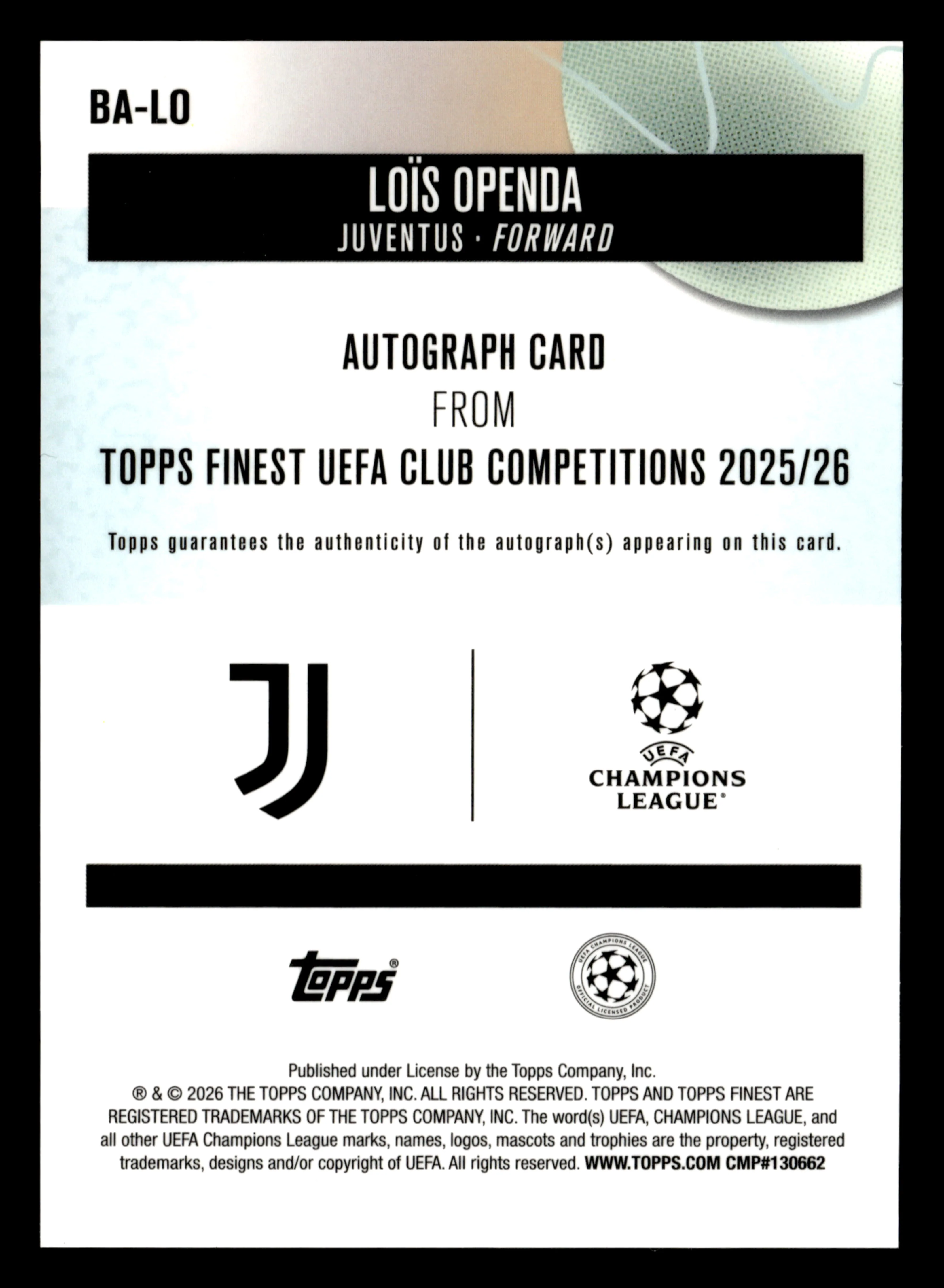 2025-26 Finest UEFA Club Competitions #BA-LO Loïs Openda Base Autographs - Image 2