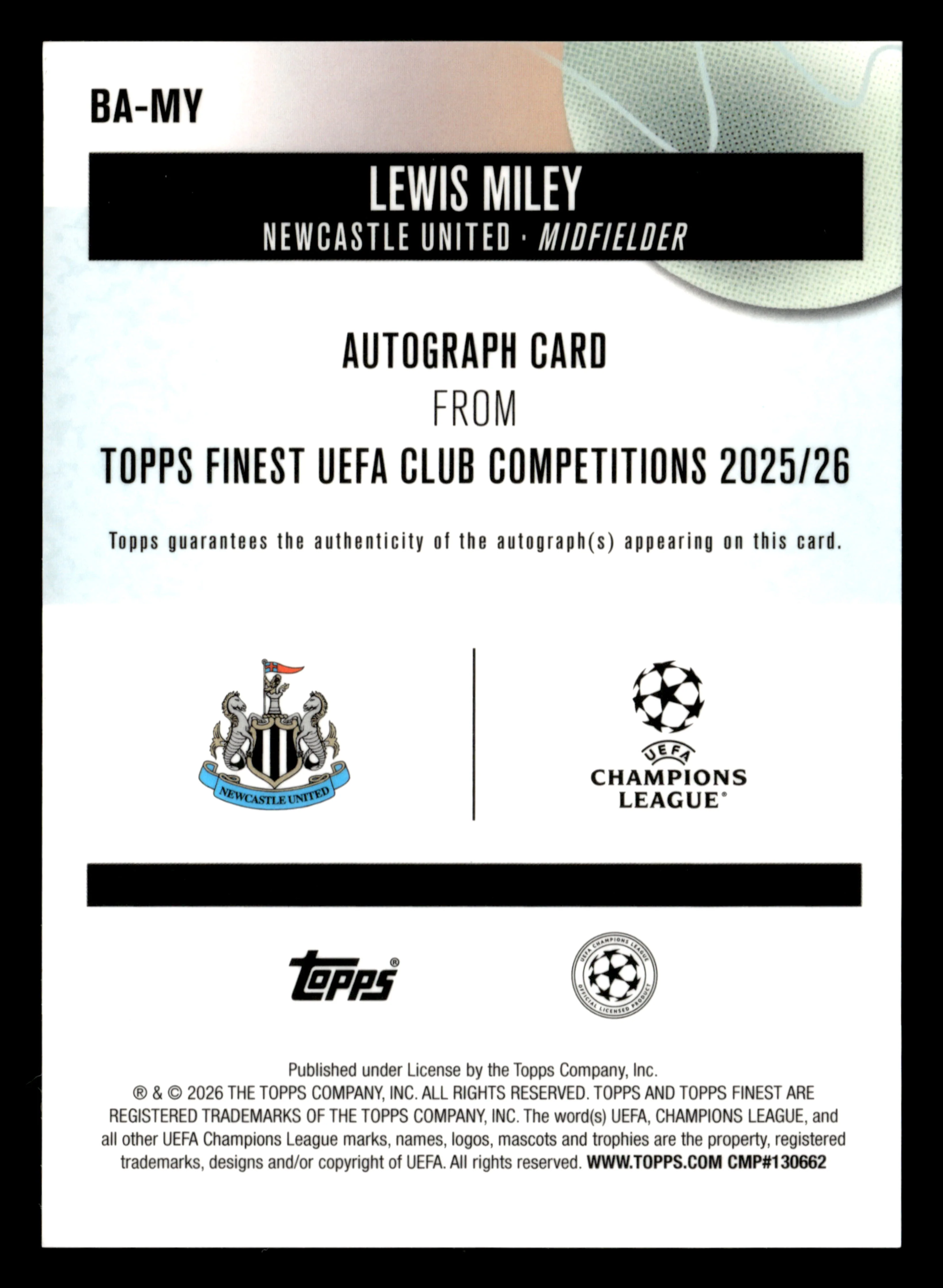 2025-26 Finest UEFA Club Competitions #BA-MY Lewis Miley Base Autographs - Image 2