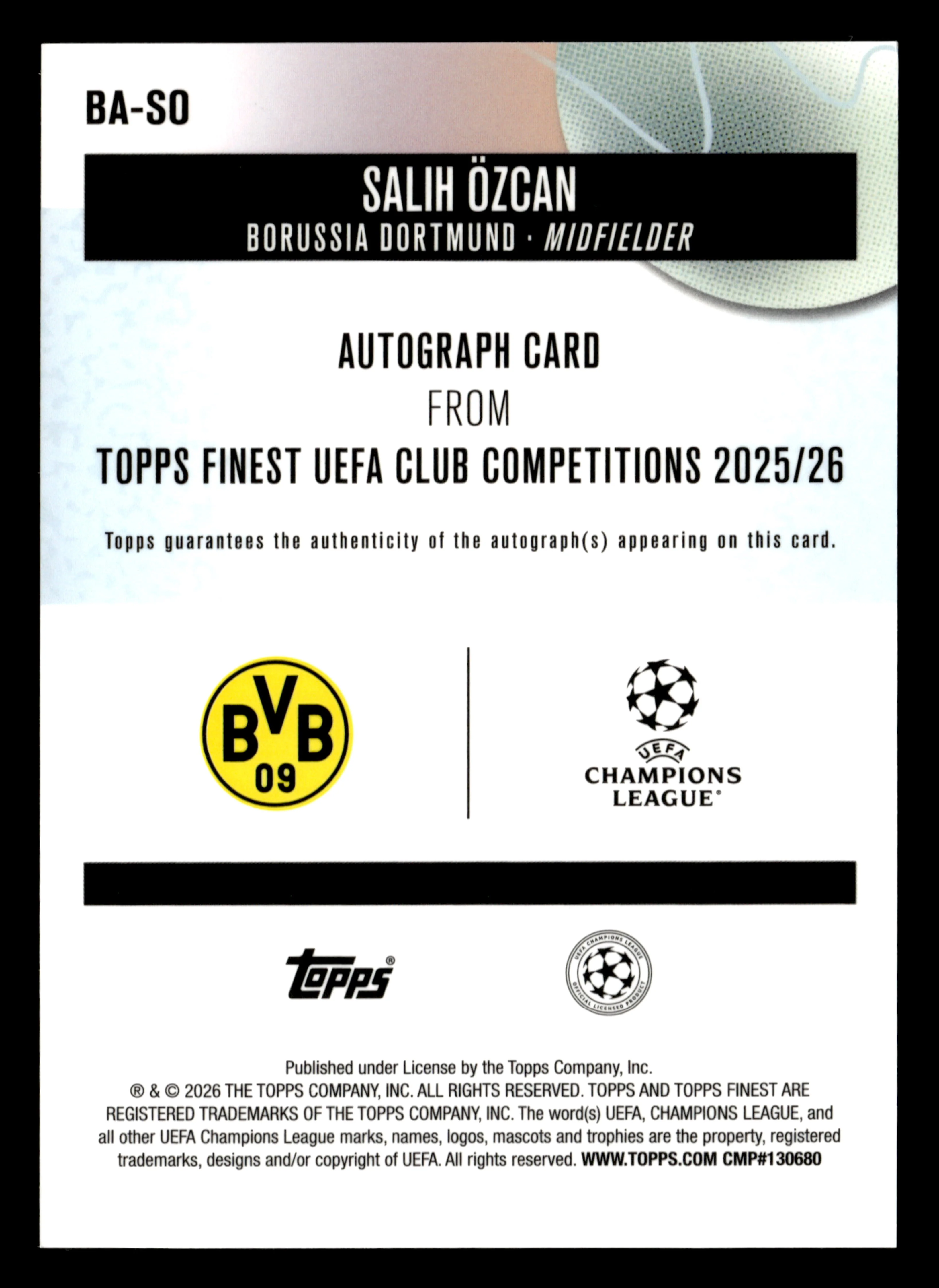 2025-26 Finest UEFA Club Competitions #BA-SO Salih Özcan Base Autographs - Image 2