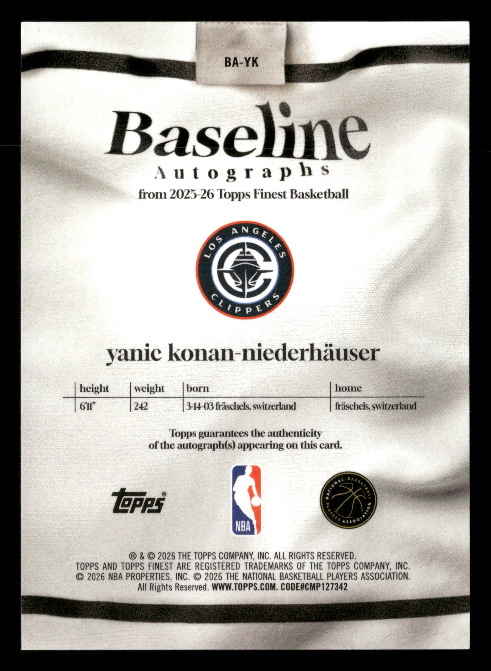 2025-26 Finest Yanic Konan Niederhäuser Baseline Auto Red/Black Vapor #/10 - Image 2