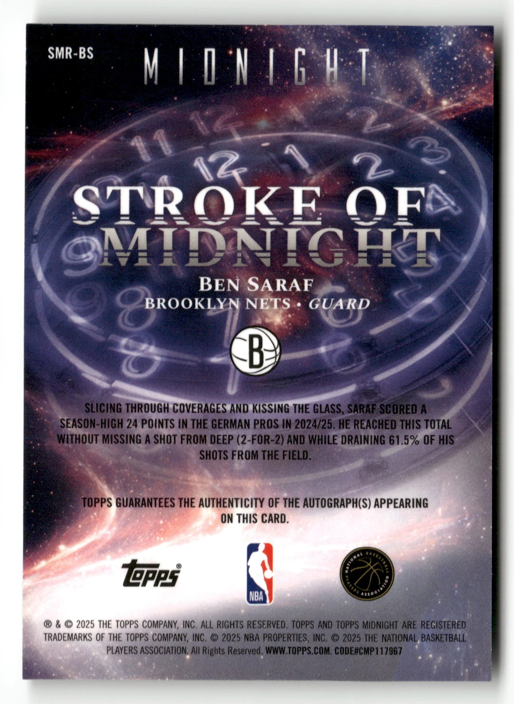 2025-26 Midnight #SMR-BS Ben Saraf Stroke of Midnight Autographs RC #/20 - Image 2
