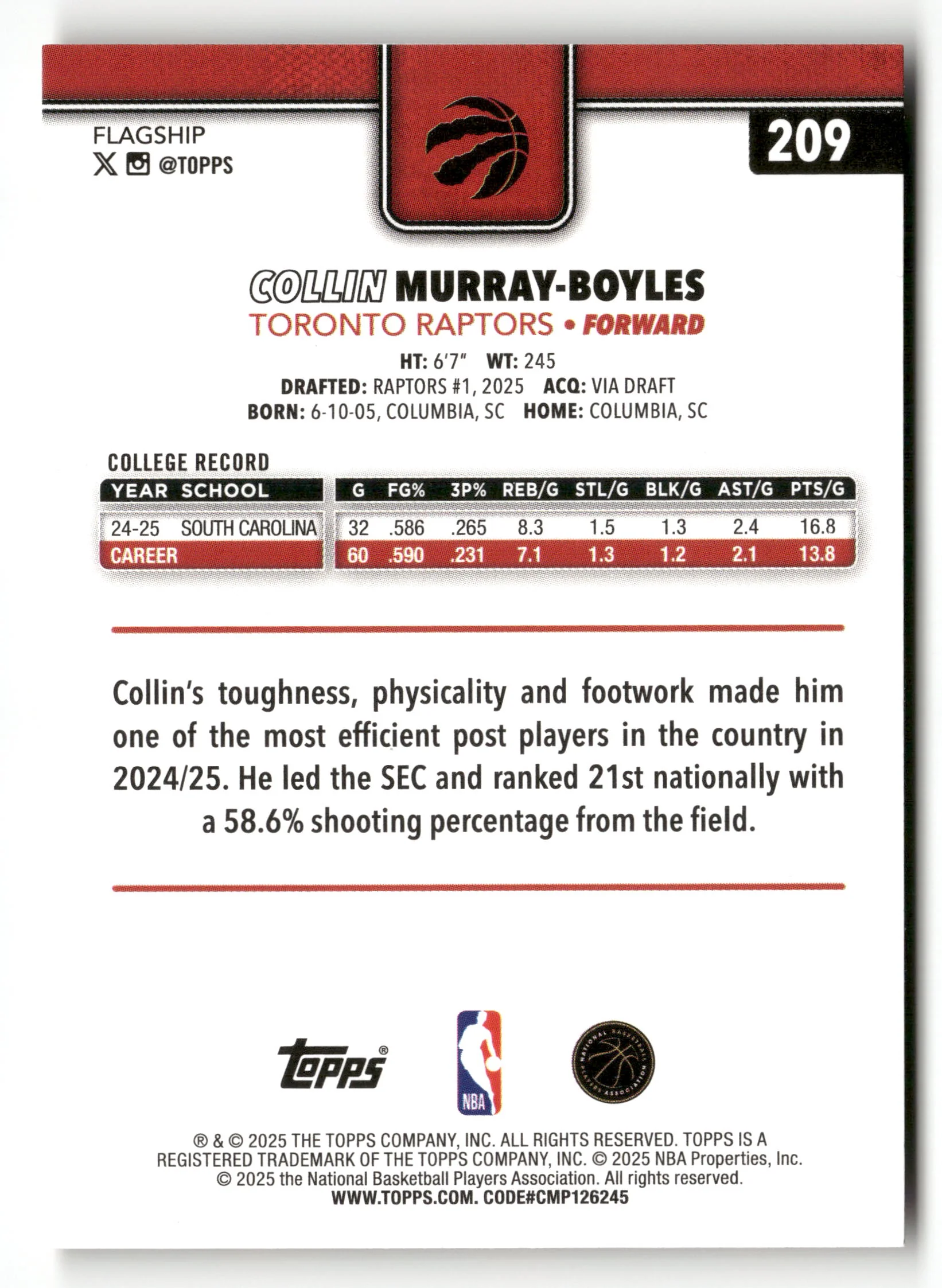 2025-26 Topps #209 Collin Murray-Boyles Team Color Border - Image 2
