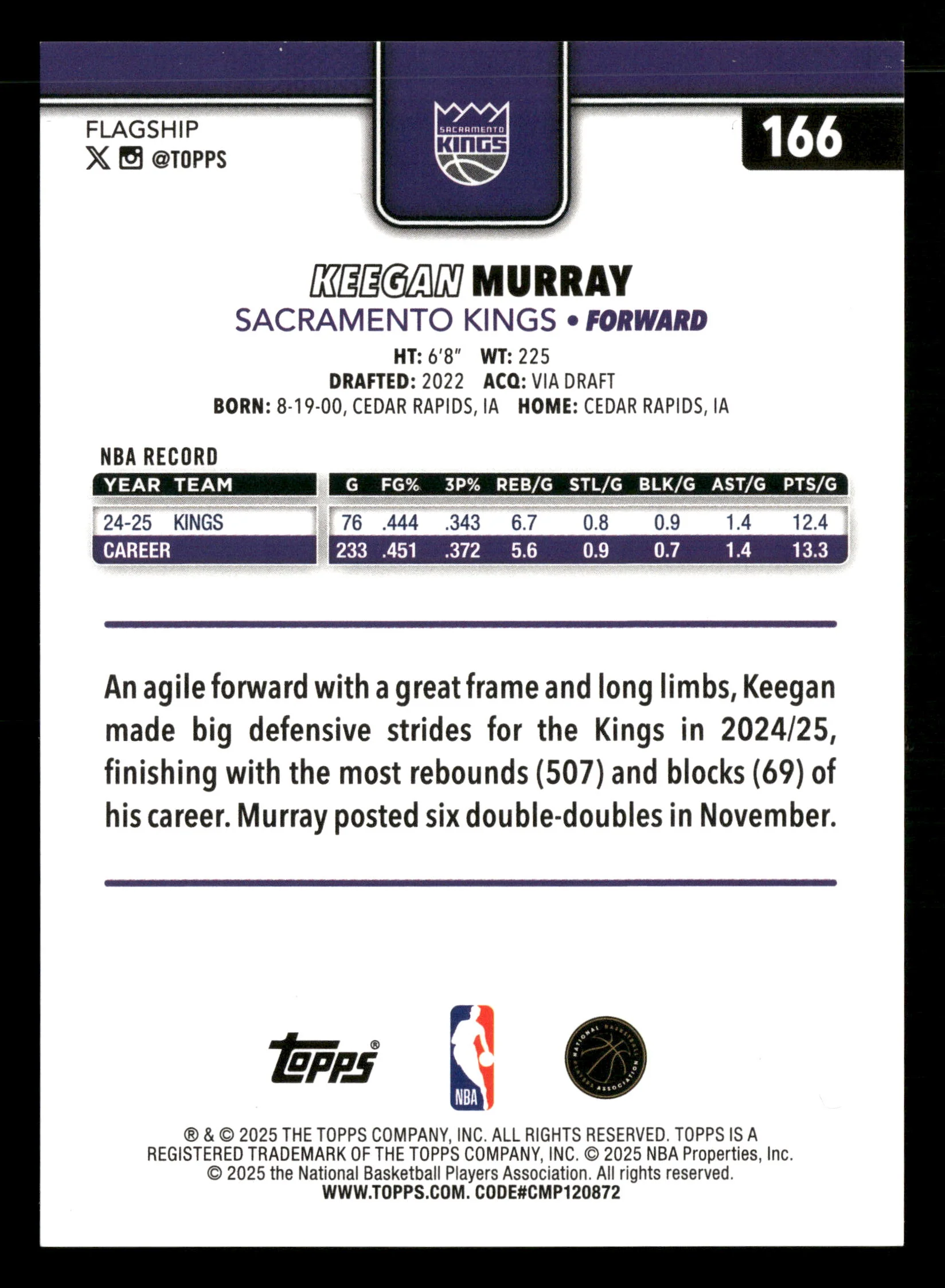 2025-26 Topps #227 Keegan Murray Orange Basketball Refractor #/25 - Image 2