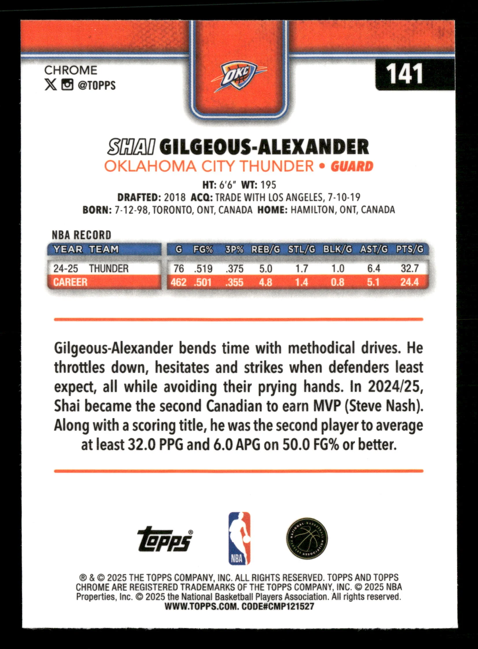 2025-26 Topps Chrome #141 Shai Gilgeous-Alexander X-Fractor - Image 2