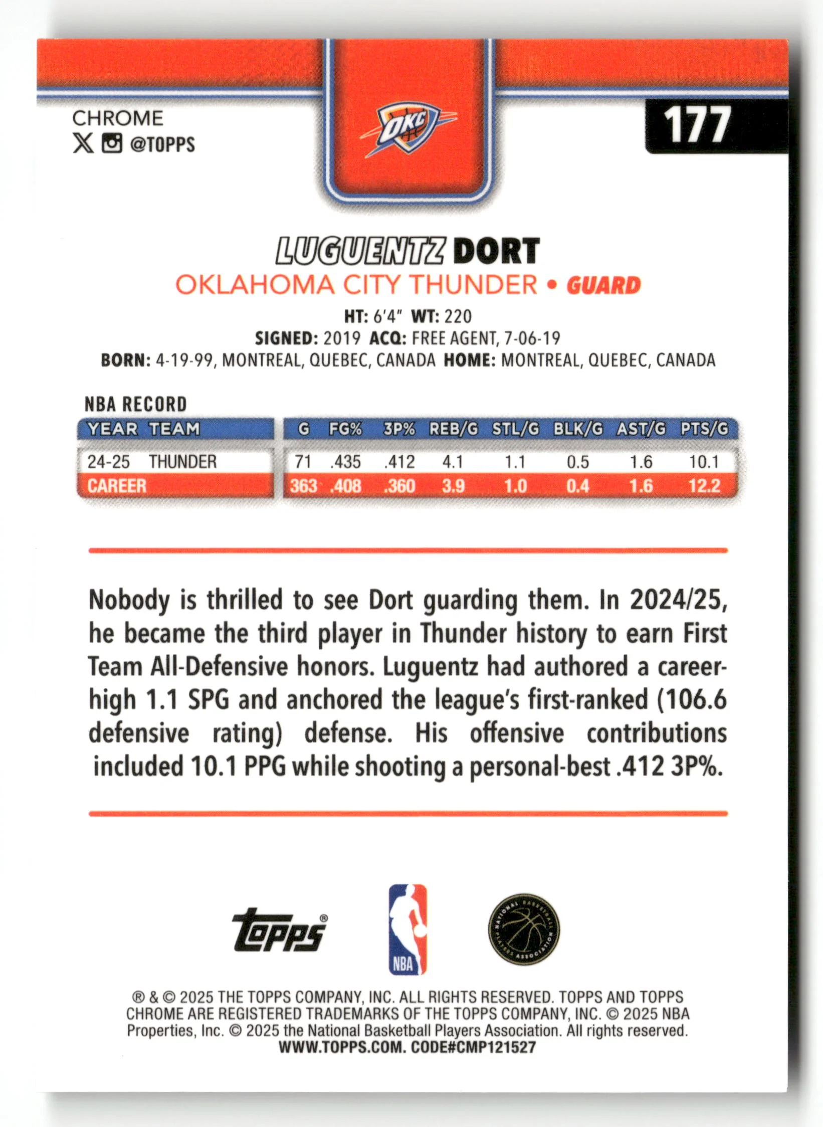 2025-26 Topps Chrome #177 Luguentz Dort Black Basketball Refractor #/10 - Image 2