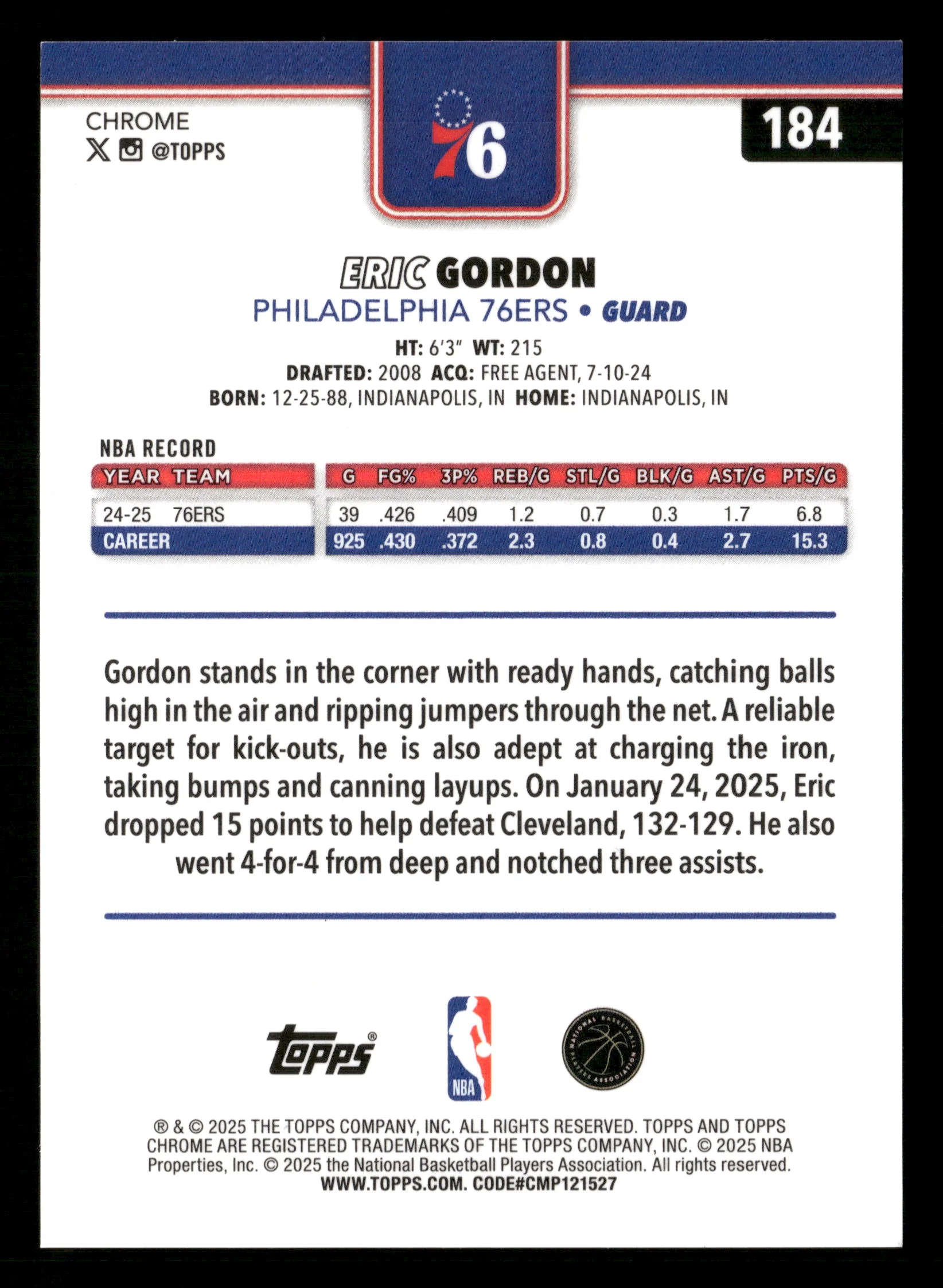 2025-26 Topps Chrome #184 Eric Gordon Orange Geometric Refractor #/25 - Image 2