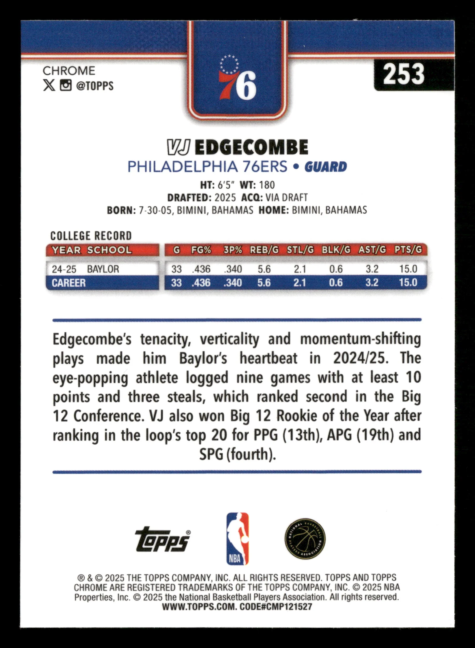2025-26 Topps Chrome #253 VJ Edgecombe X-Fractor - Image 2