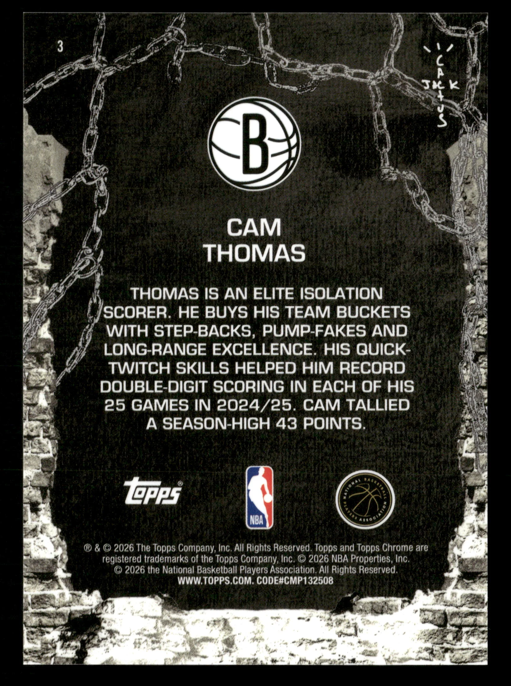 2025-26 Topps Chrome Cactus Jack #3 Cam Thomas Brown Refractor #/41 - Image 2