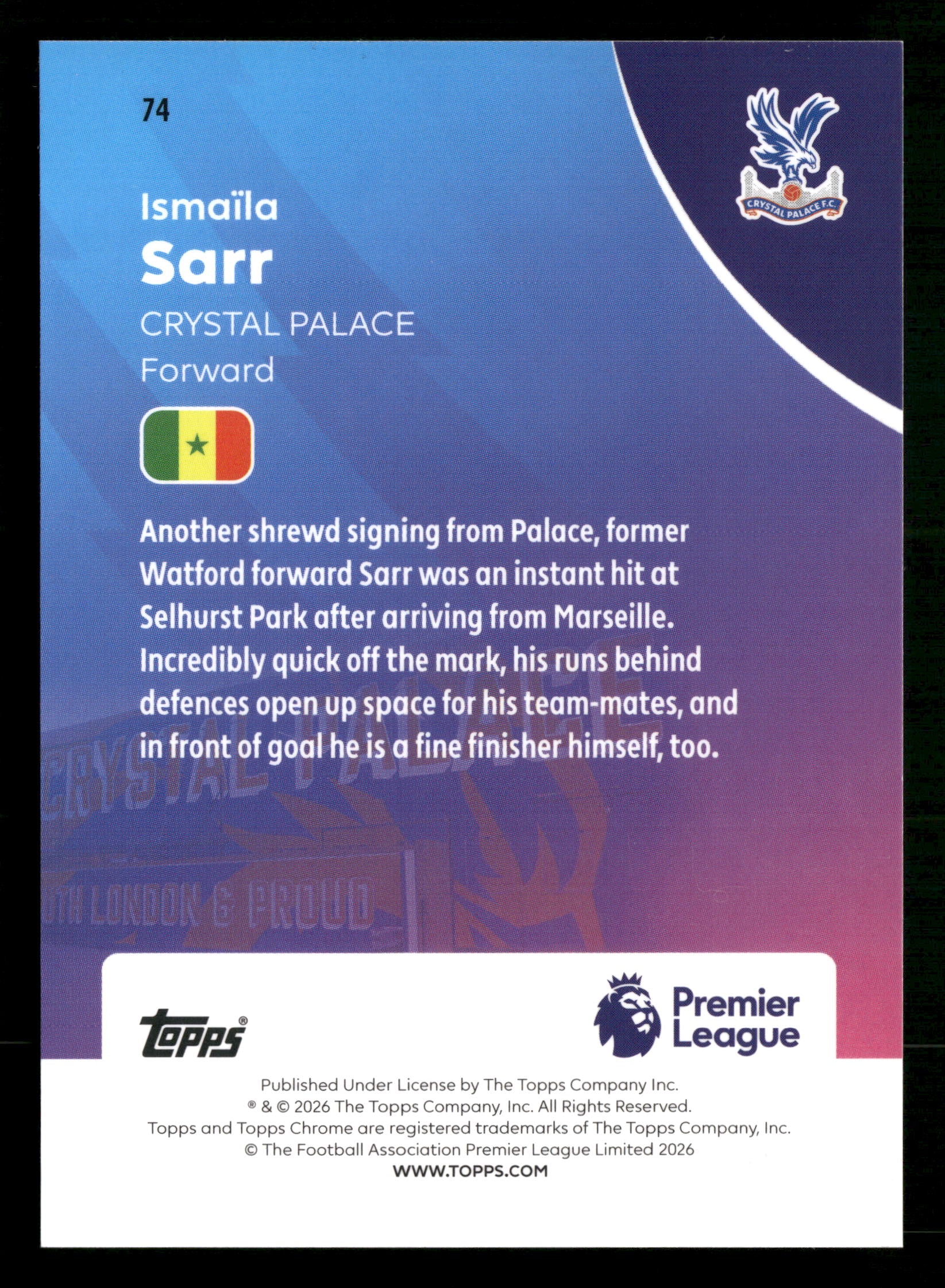 2025-26 Topps Chrome Premier League #74 Ismaïla Sarr Orange Wave Refractor #/25 - Image 2