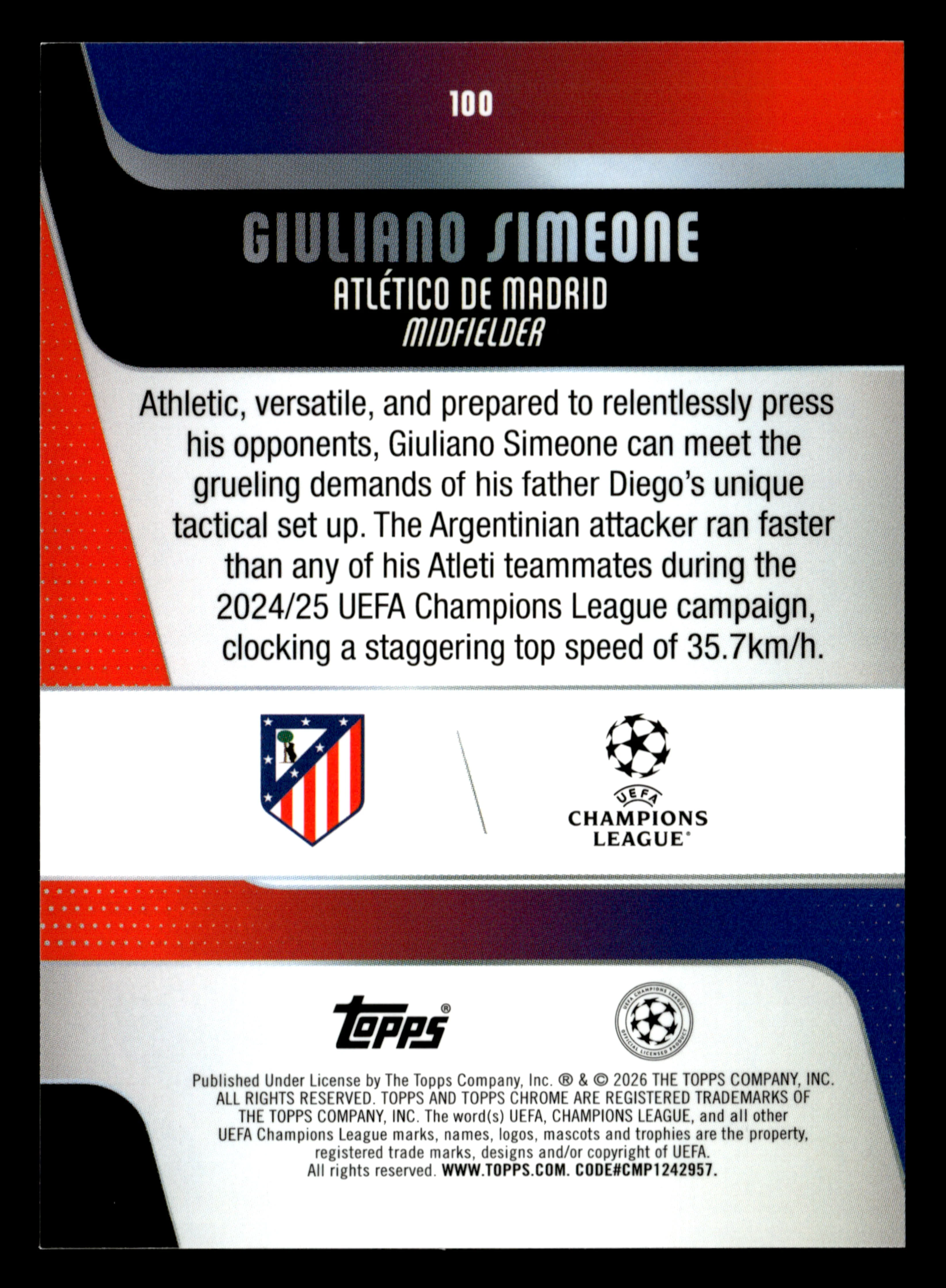 2025-26 Topps Chrome UCC #100 Giuliano Simeone Yellow Mini-Diamonds #/275 - Image 2