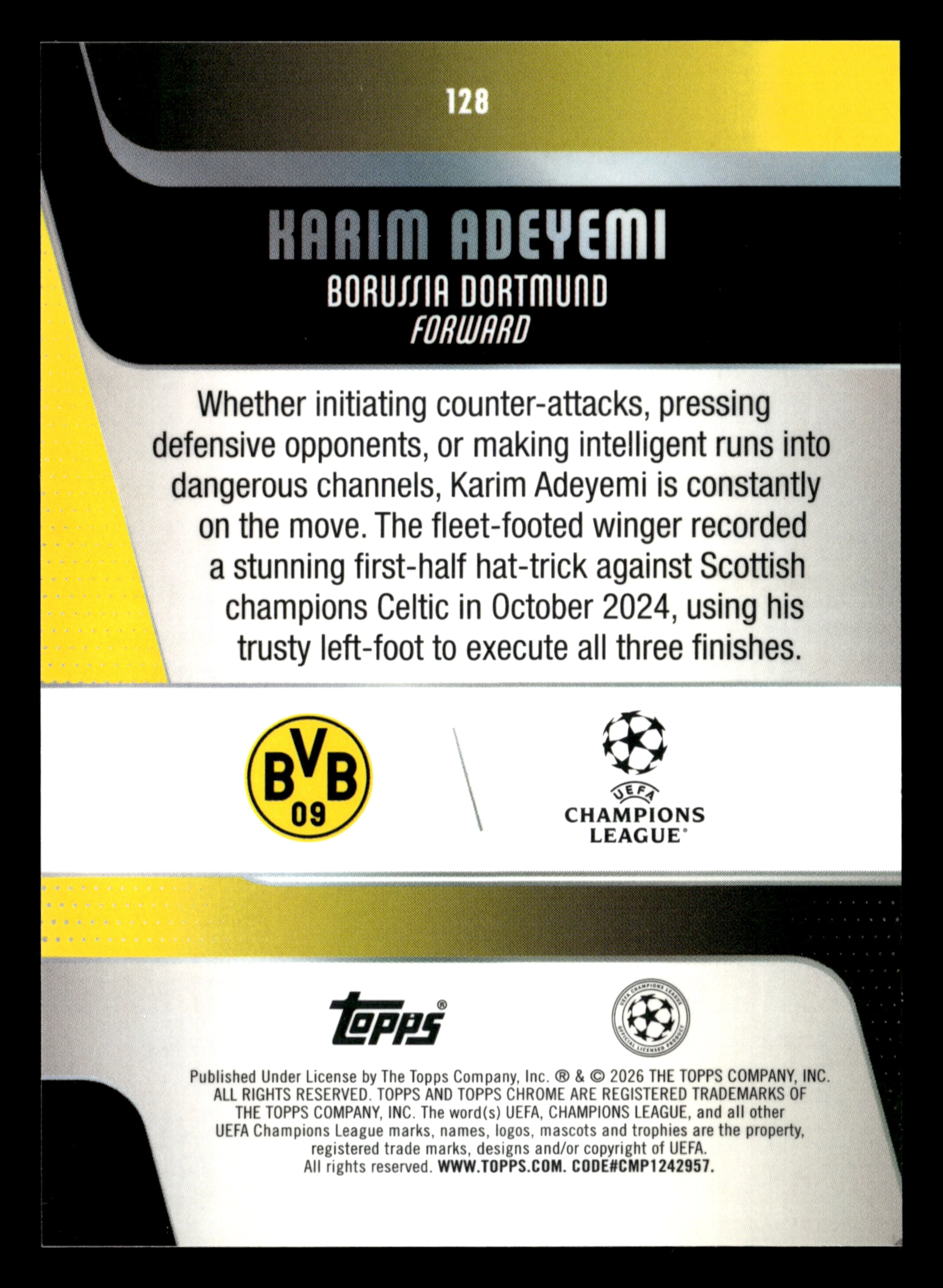 2025-26 Topps Chrome UCC #128 Karim Adeyemi Yellow Mini-Diamonds #/275 - Image 2