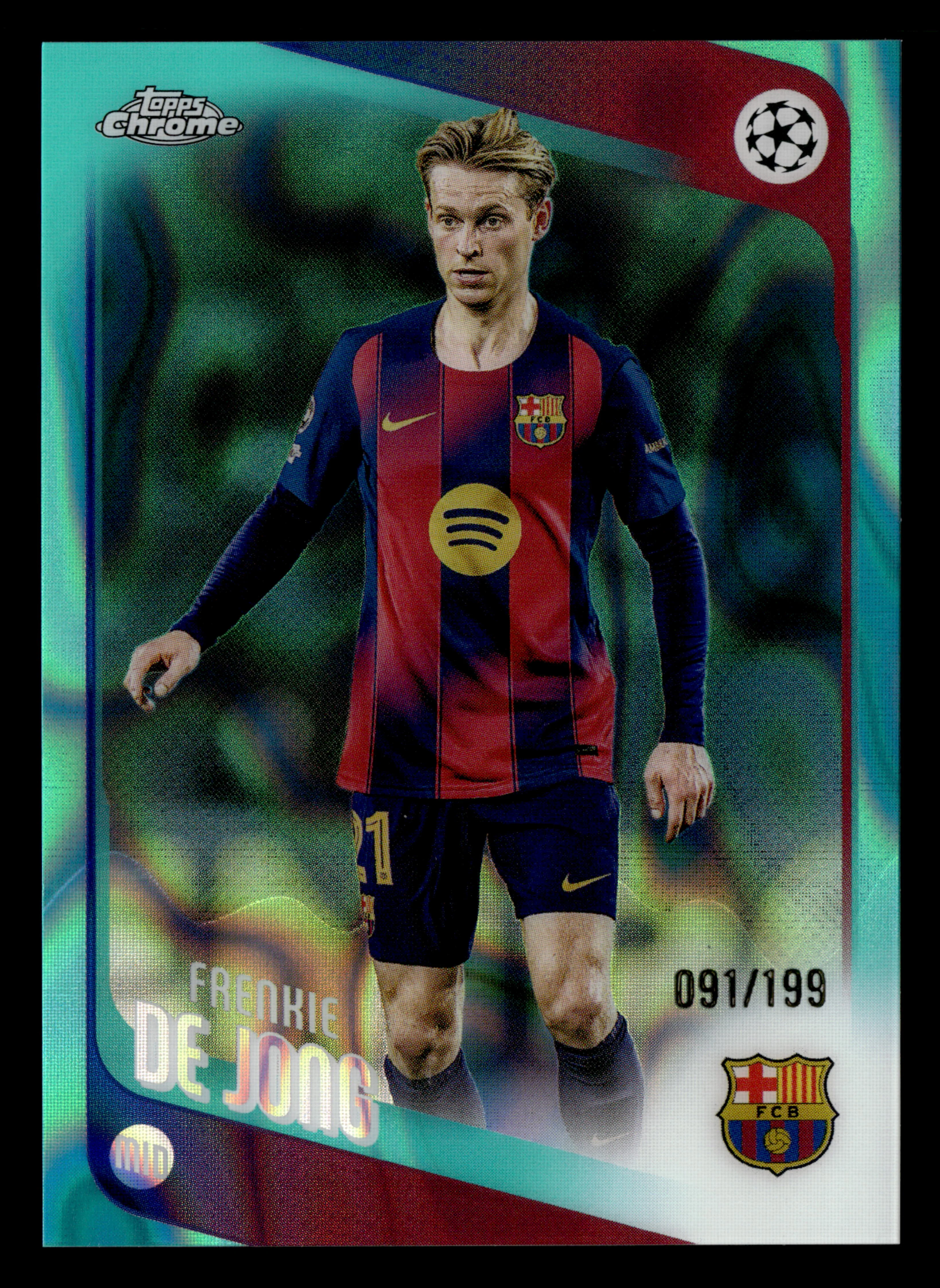 2025-26 Topps Chrome UCC #135 Frenkie de Jong Aqua Lava Refractor #/199