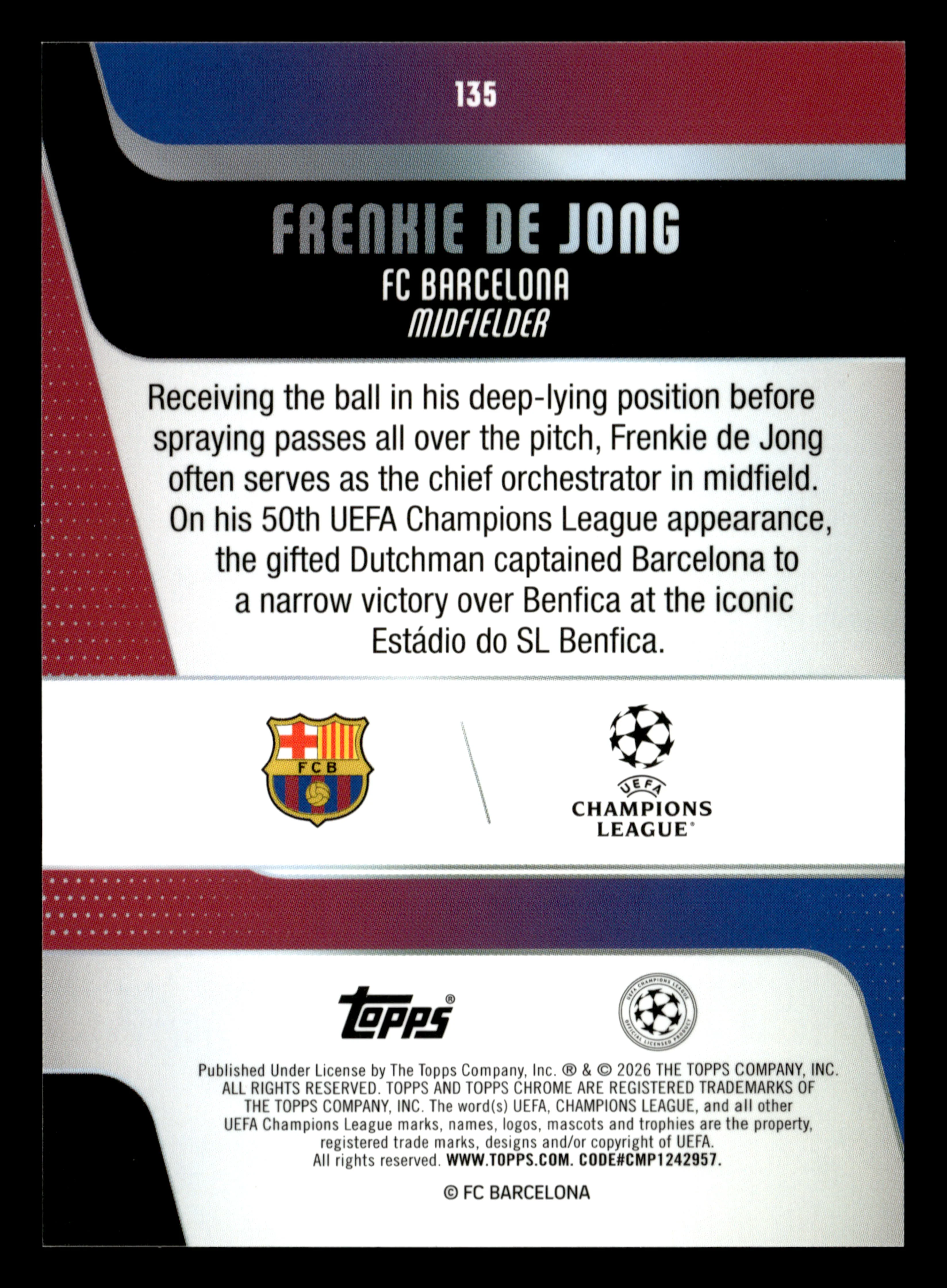 2025-26 Topps Chrome UCC #135 Frenkie de Jong Aqua Lava Refractor #/199 - Image 2