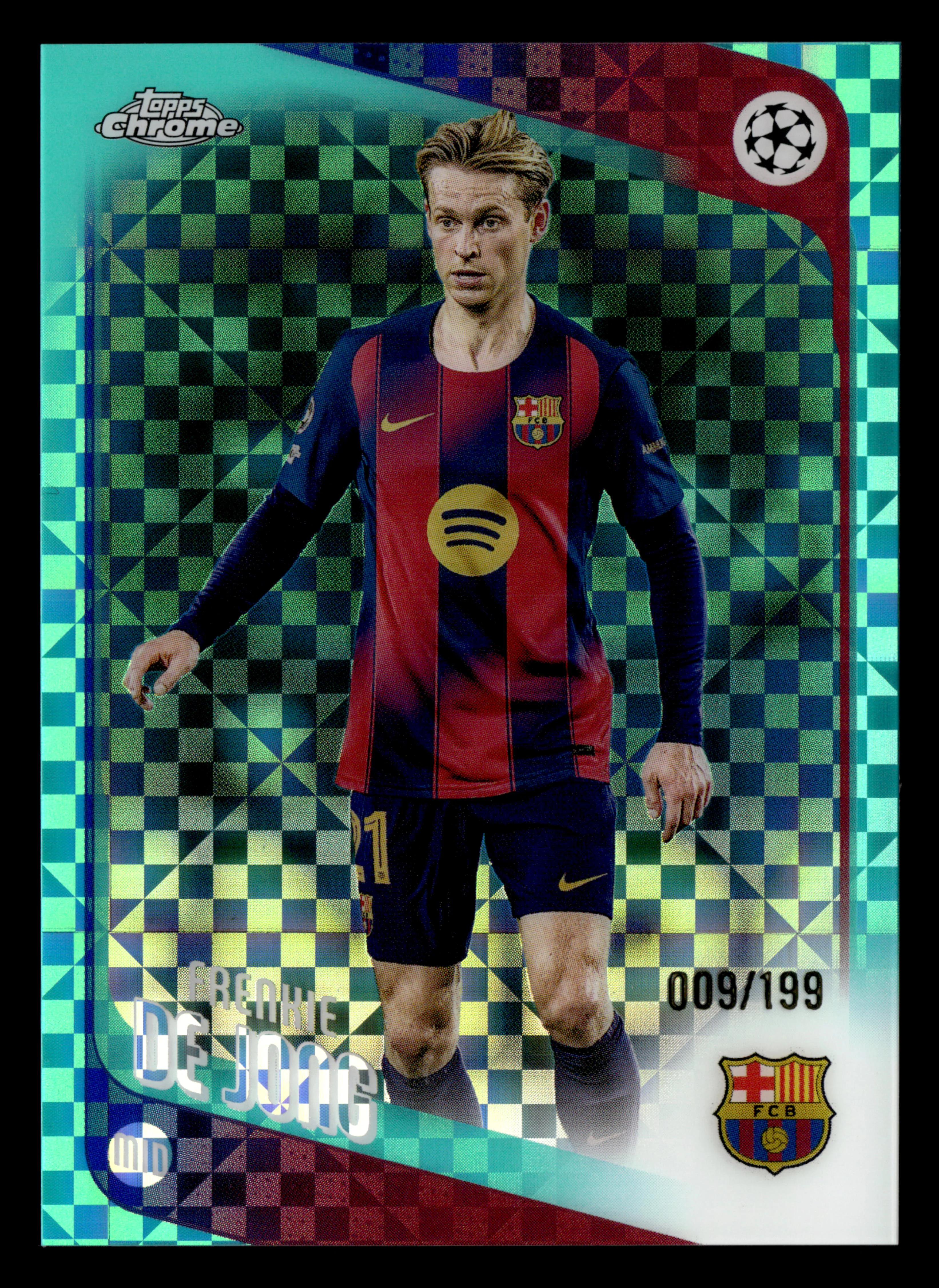 2025-26 Topps Chrome UCC #135 Frenkie de Jong Aqua X-Fractor #/199