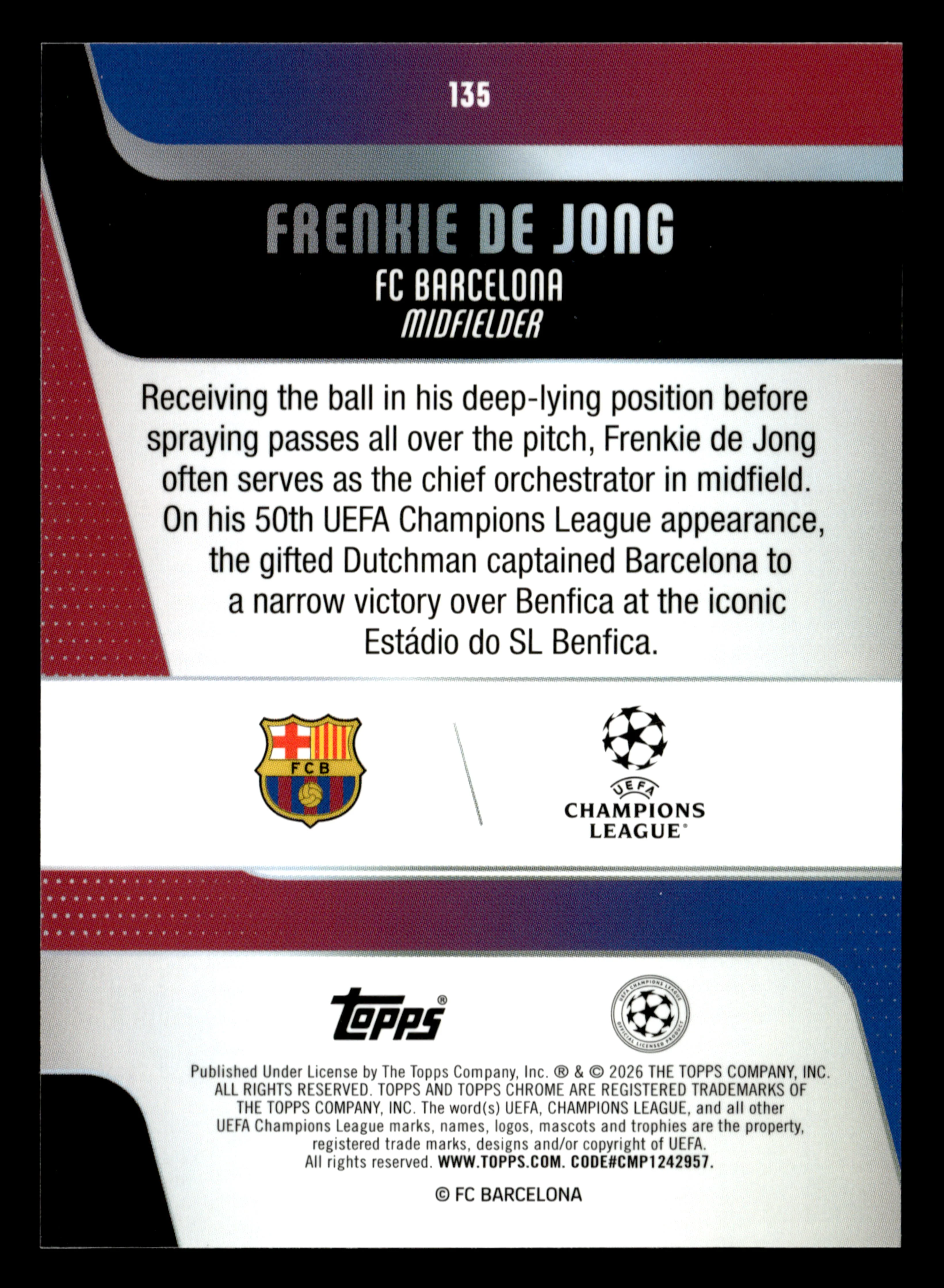 2025-26 Topps Chrome UCC #135 Frenkie de Jong Blue X-Fractor #/150 - Image 2