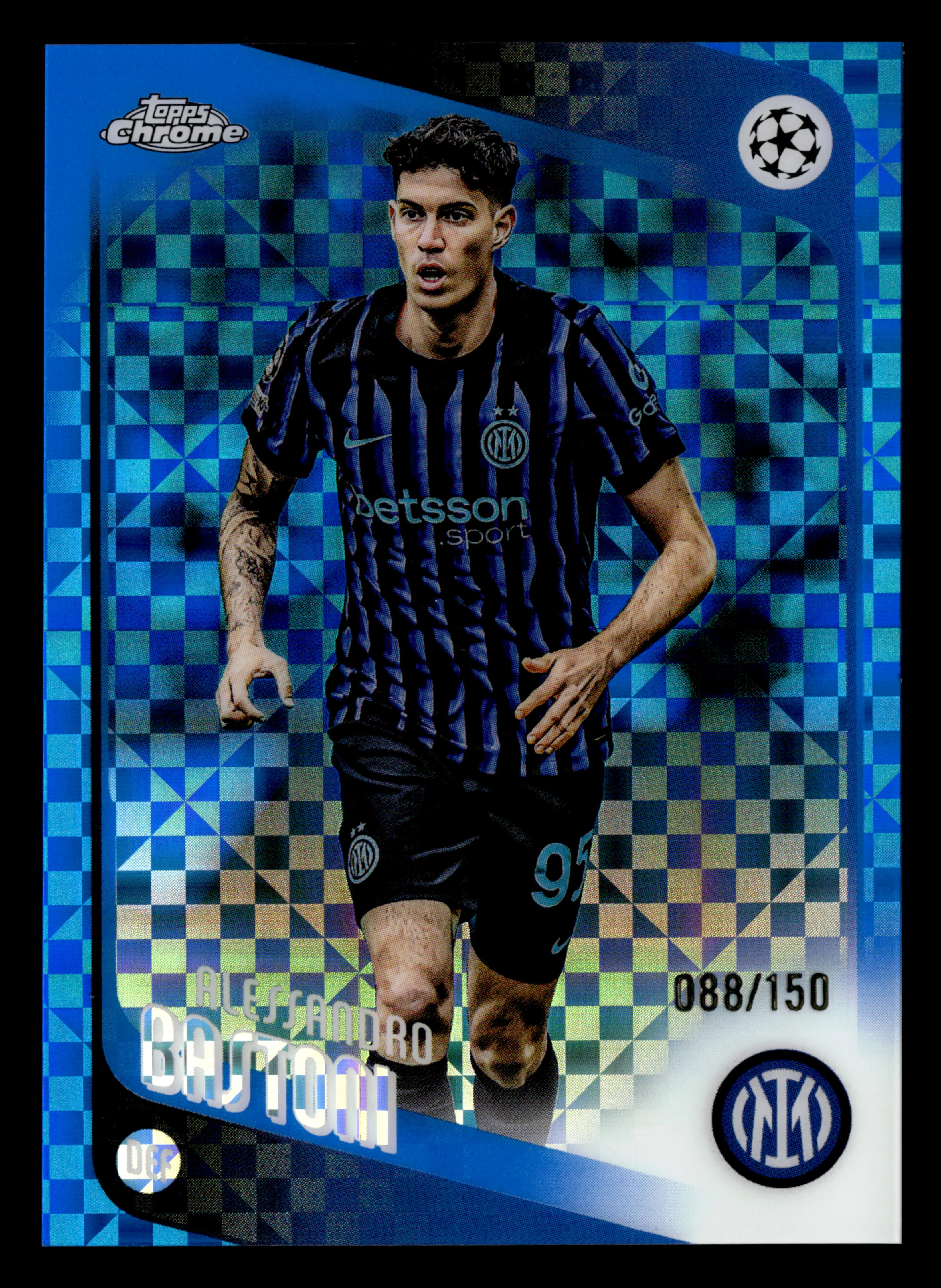 2025-26 Topps Chrome UCC #143 Alessandro Bastoni Blue X-Fractor #/150