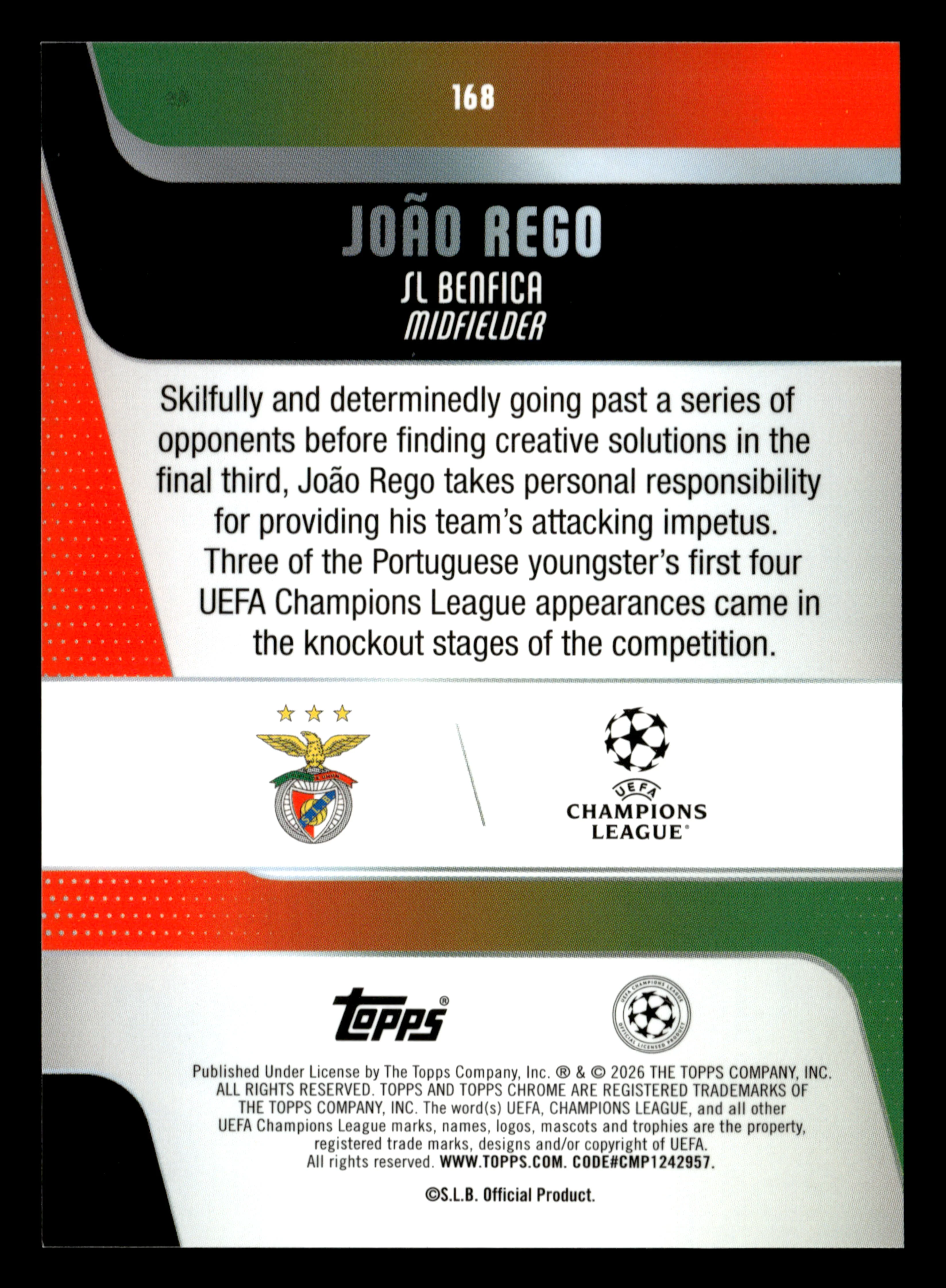 2025-26 Topps Chrome UCC #168 João Rego Aqua X-Fractor #/199 - Image 2