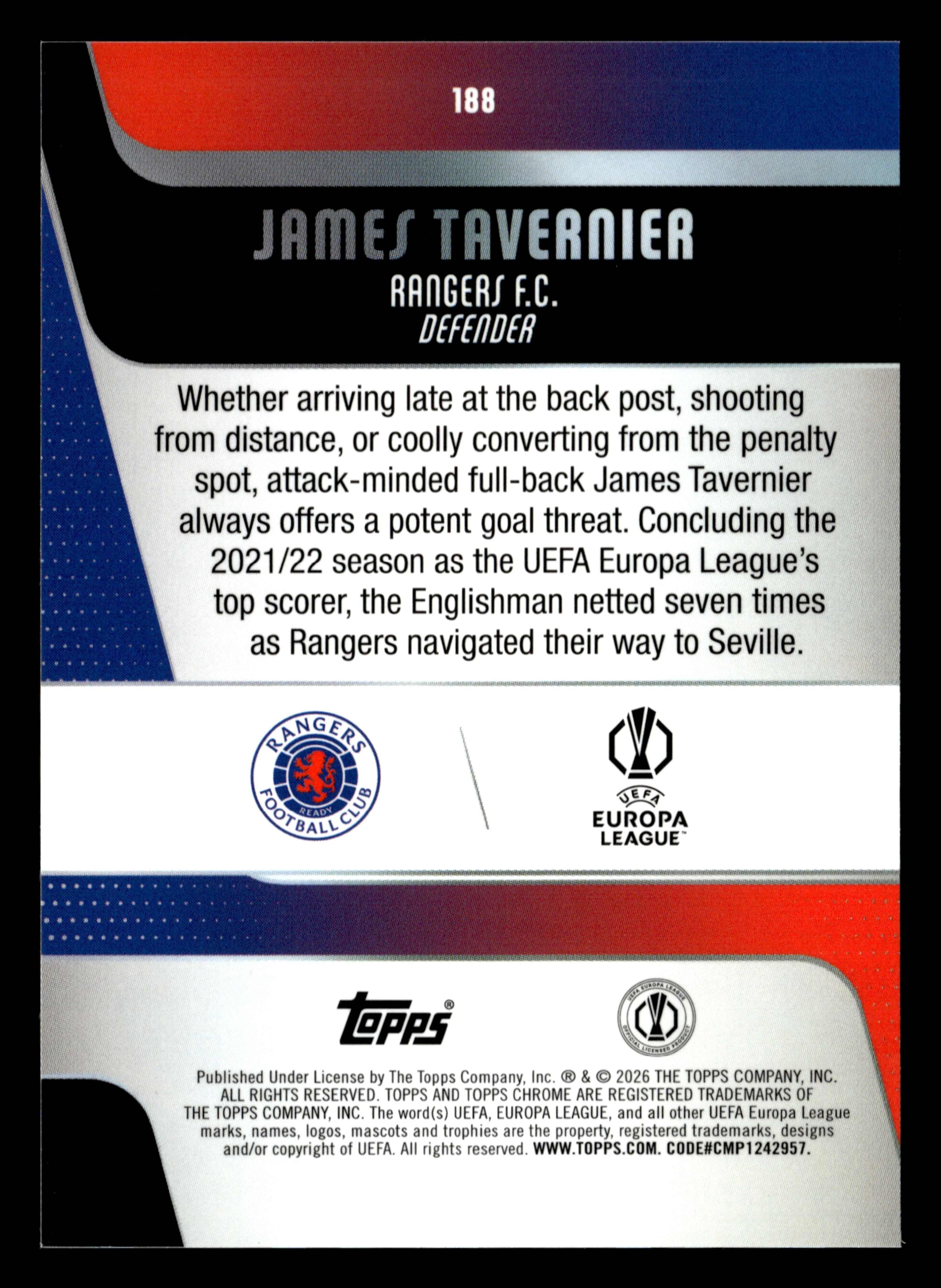 2025-26 Topps Chrome UCC #188 James Tavernier Purple X-Fractor #/75 - Image 2