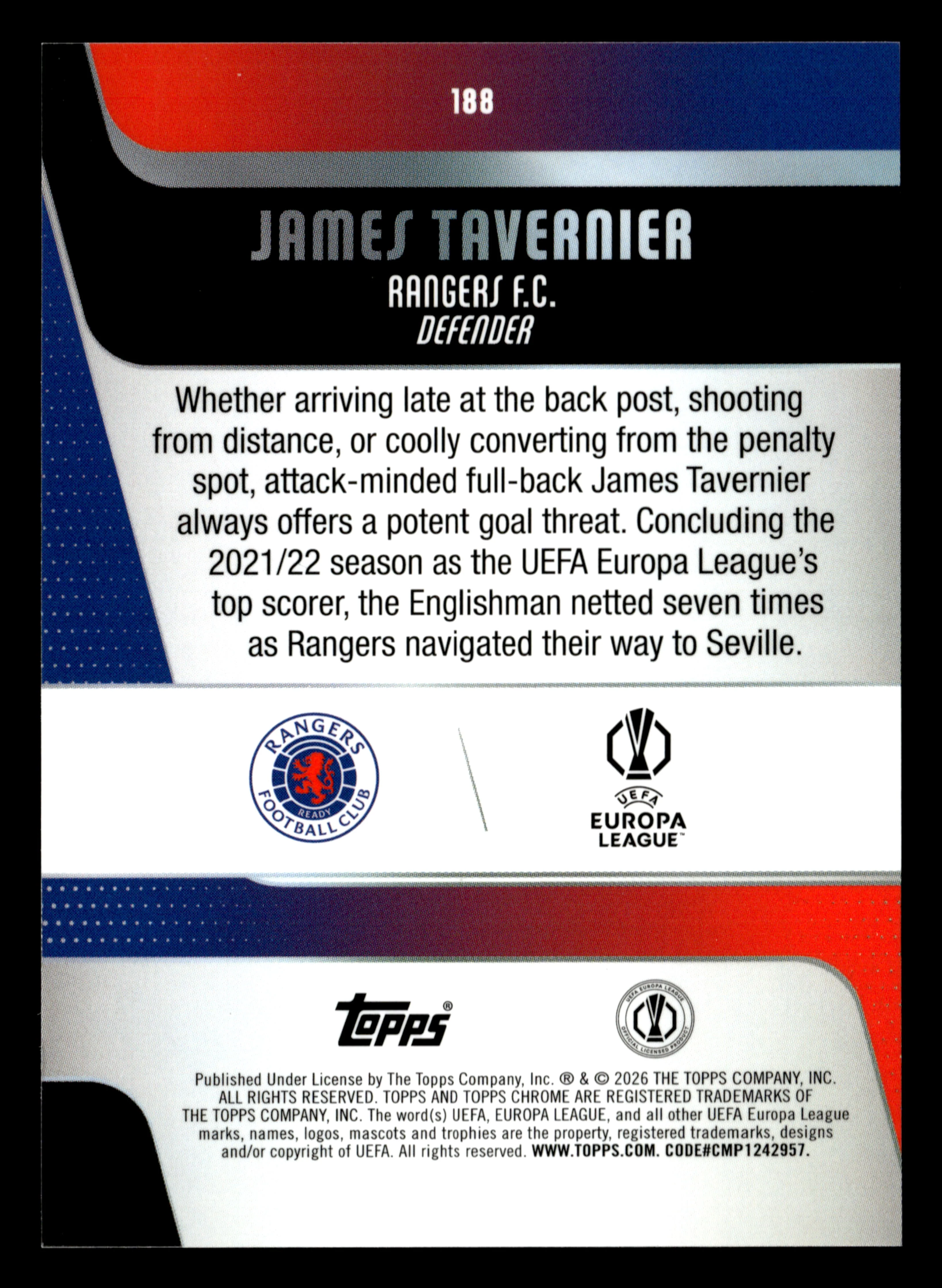 2025-26 Topps Chrome UCC #188 James Tavernier Yellow Mini-Diamonds #/275 - Image 2