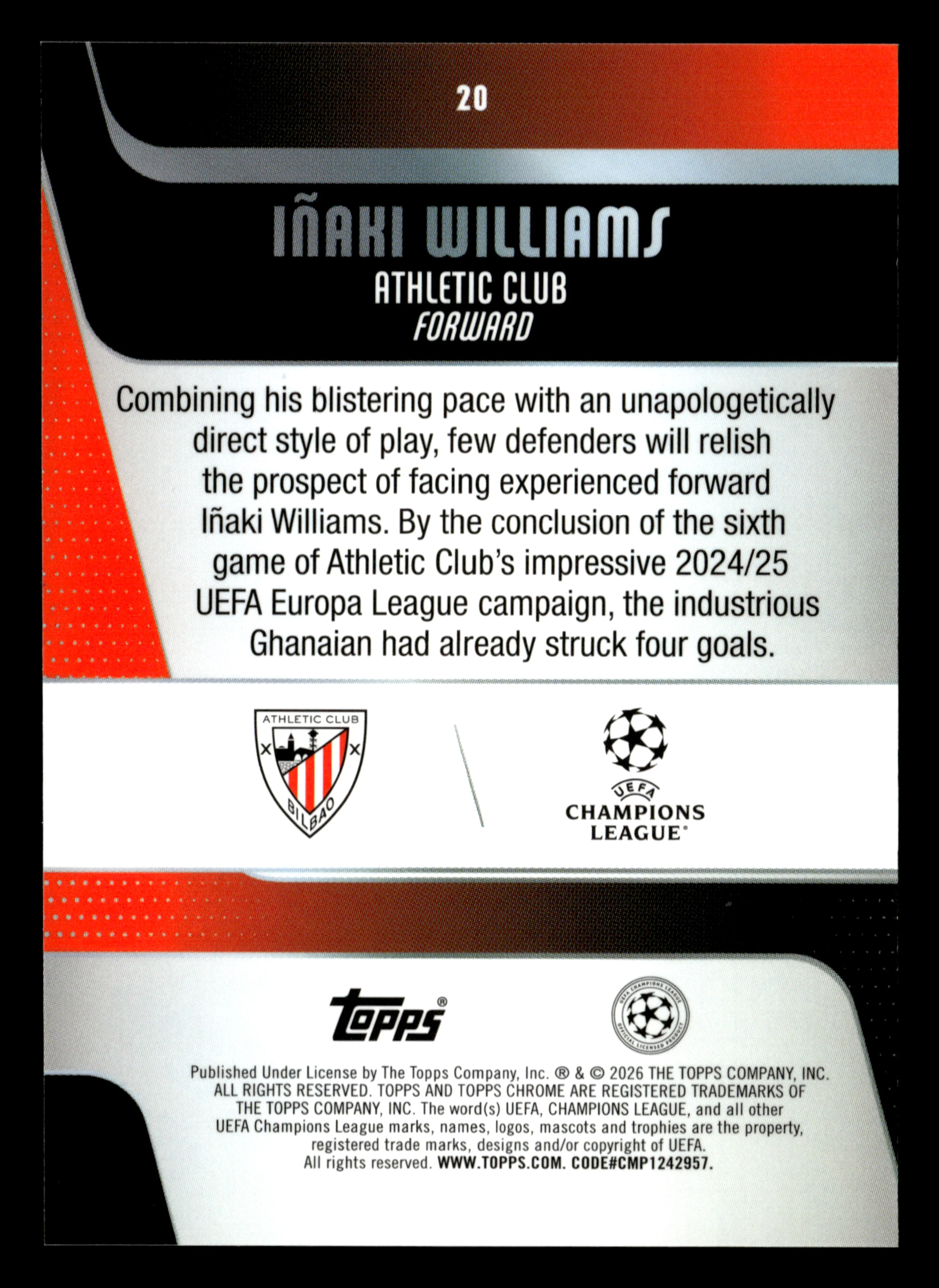 2025-26 Topps Chrome UCC #20 Iñaki Williams Negative Refractor - Image 2