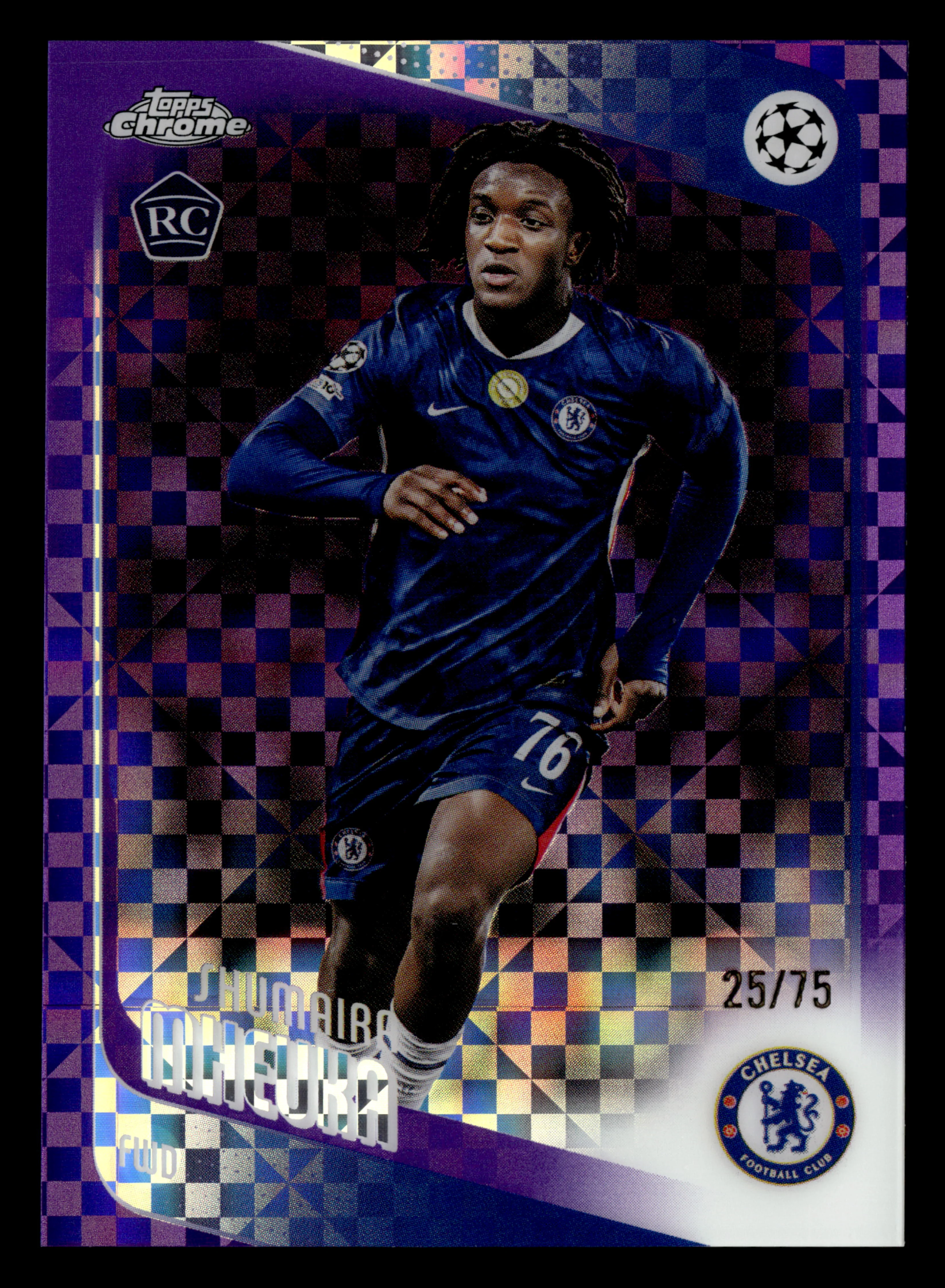 2025-26 Topps Chrome UCC #32 Shumaira Mheuka Purple X-Fractor #/75