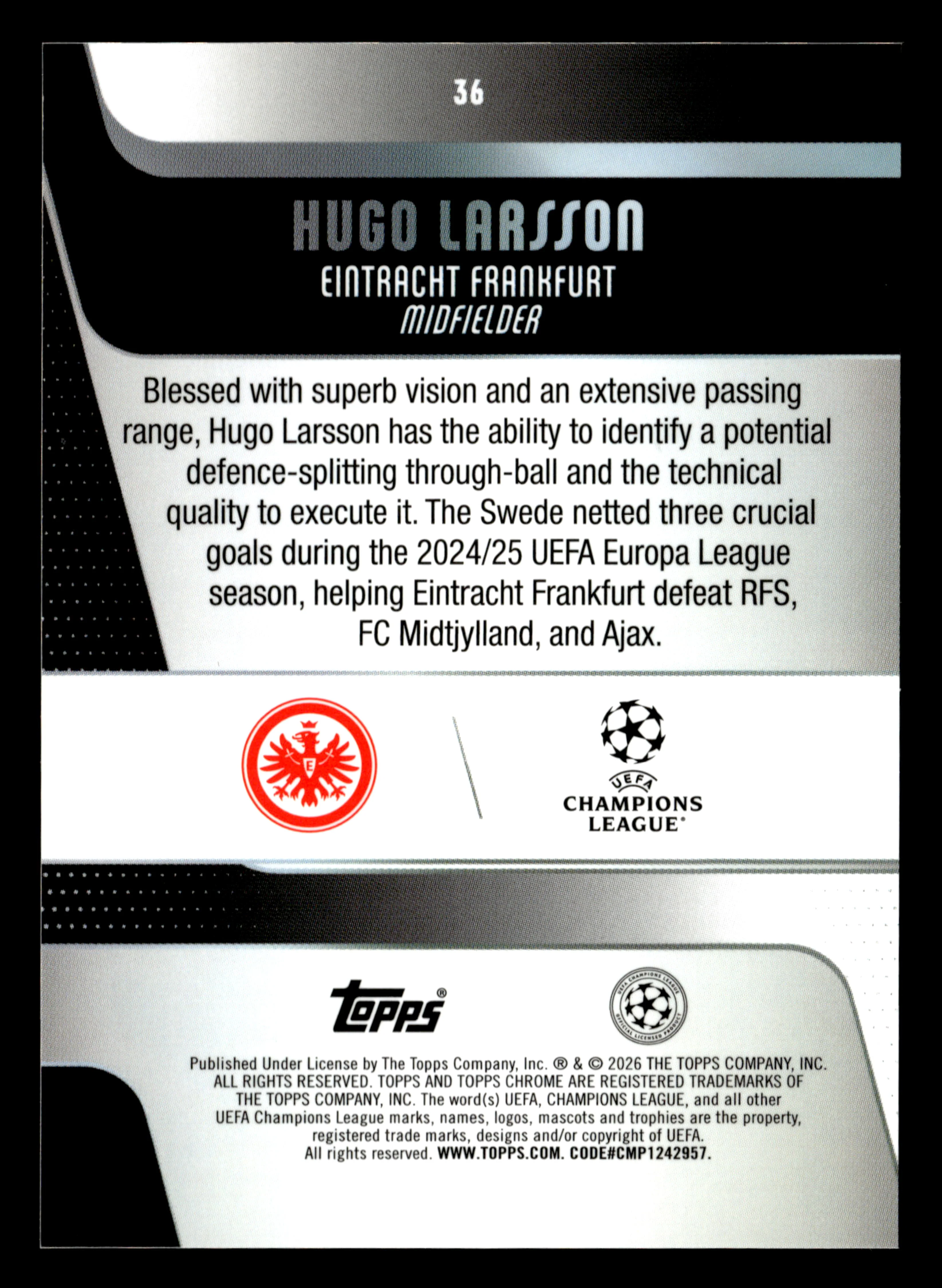 2025-26 Topps Chrome UCC #36 Hugo Larsson Orange Geometric #/25 - Image 2