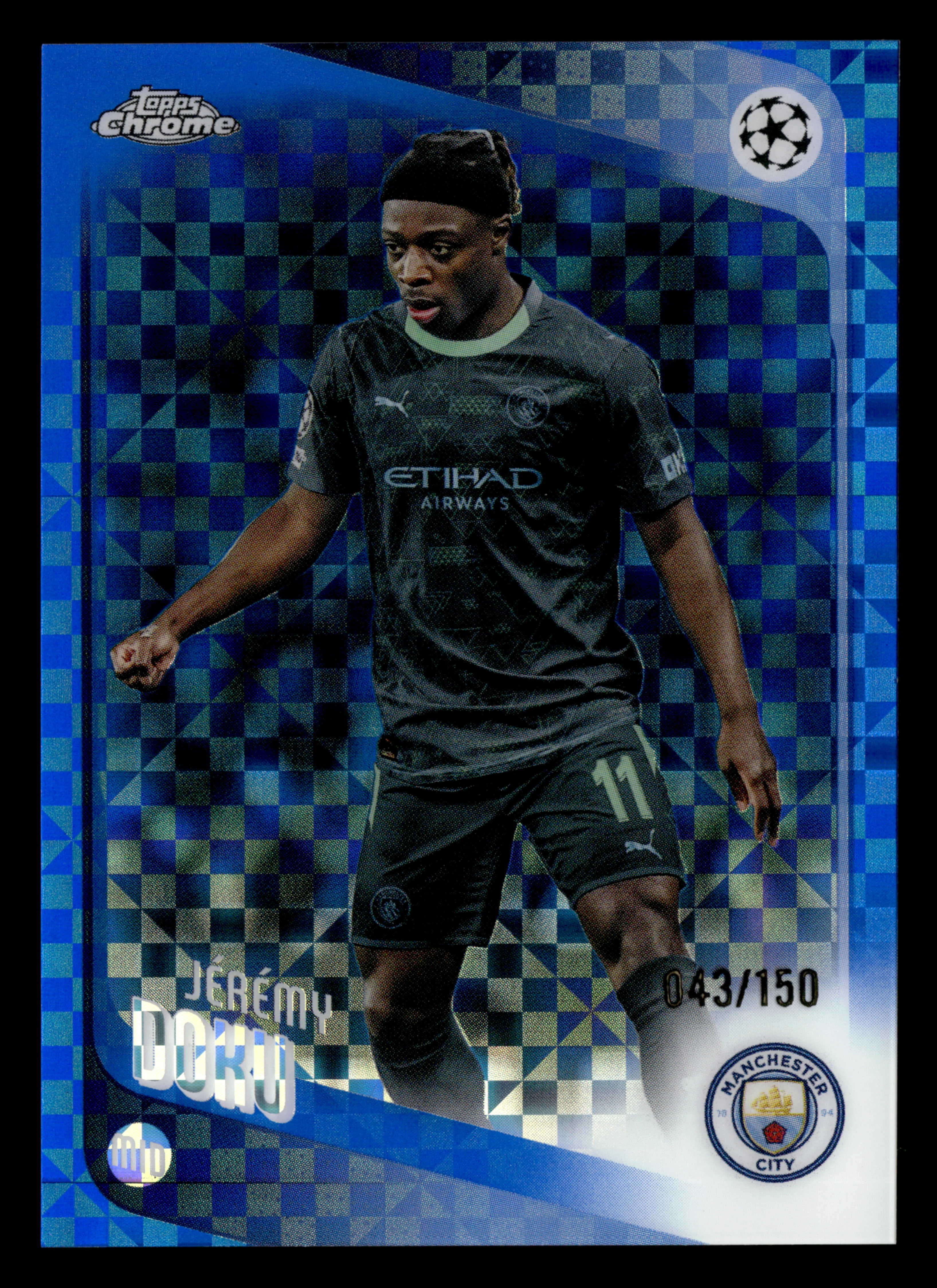 2025-26 Topps Chrome UCC #47 Jérémy Doku Blue X-Fractor #/150