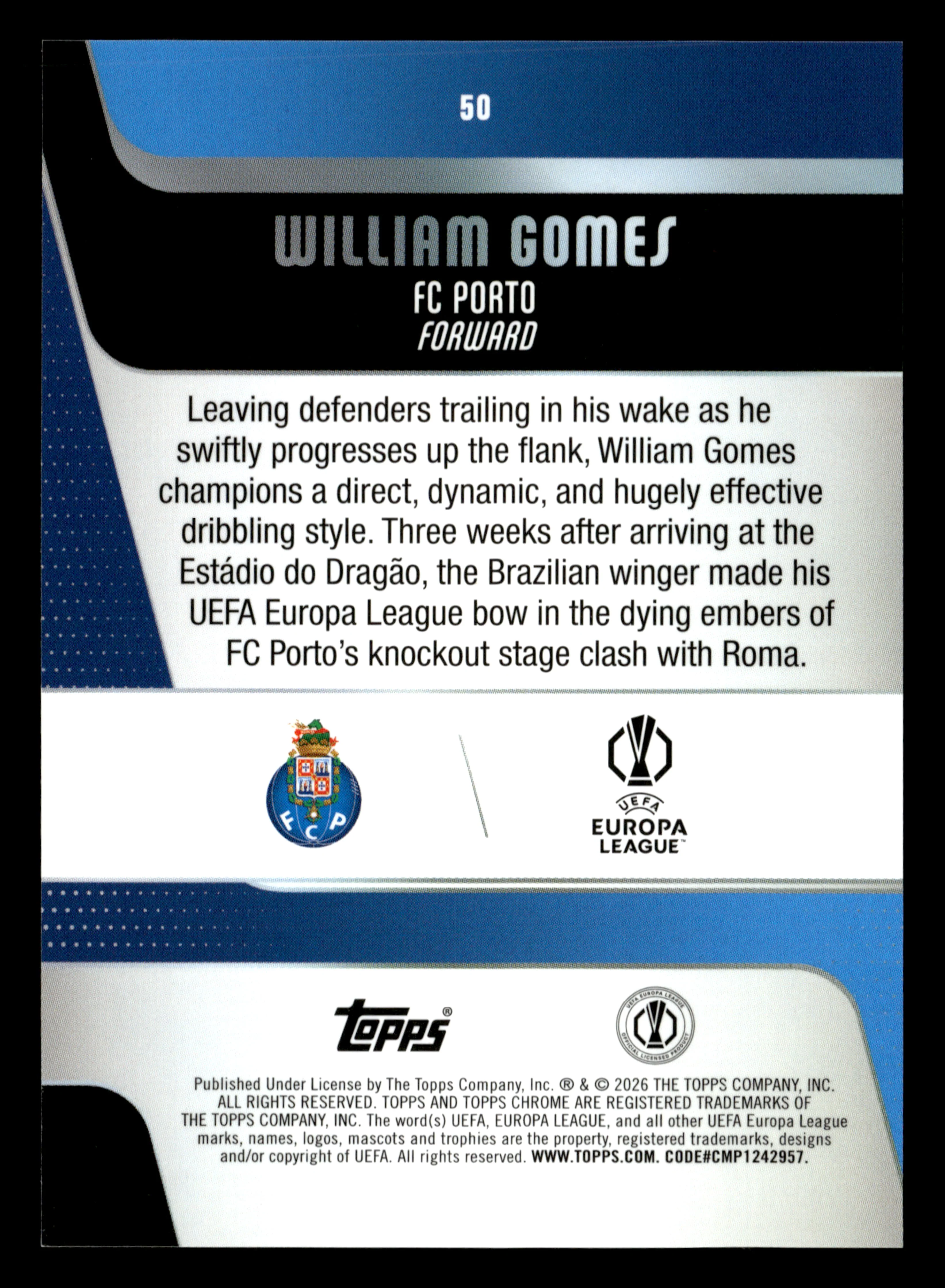 2025-26 Topps Chrome UCC #50 William Gomes Aqua Refractor #/199 - Image 2