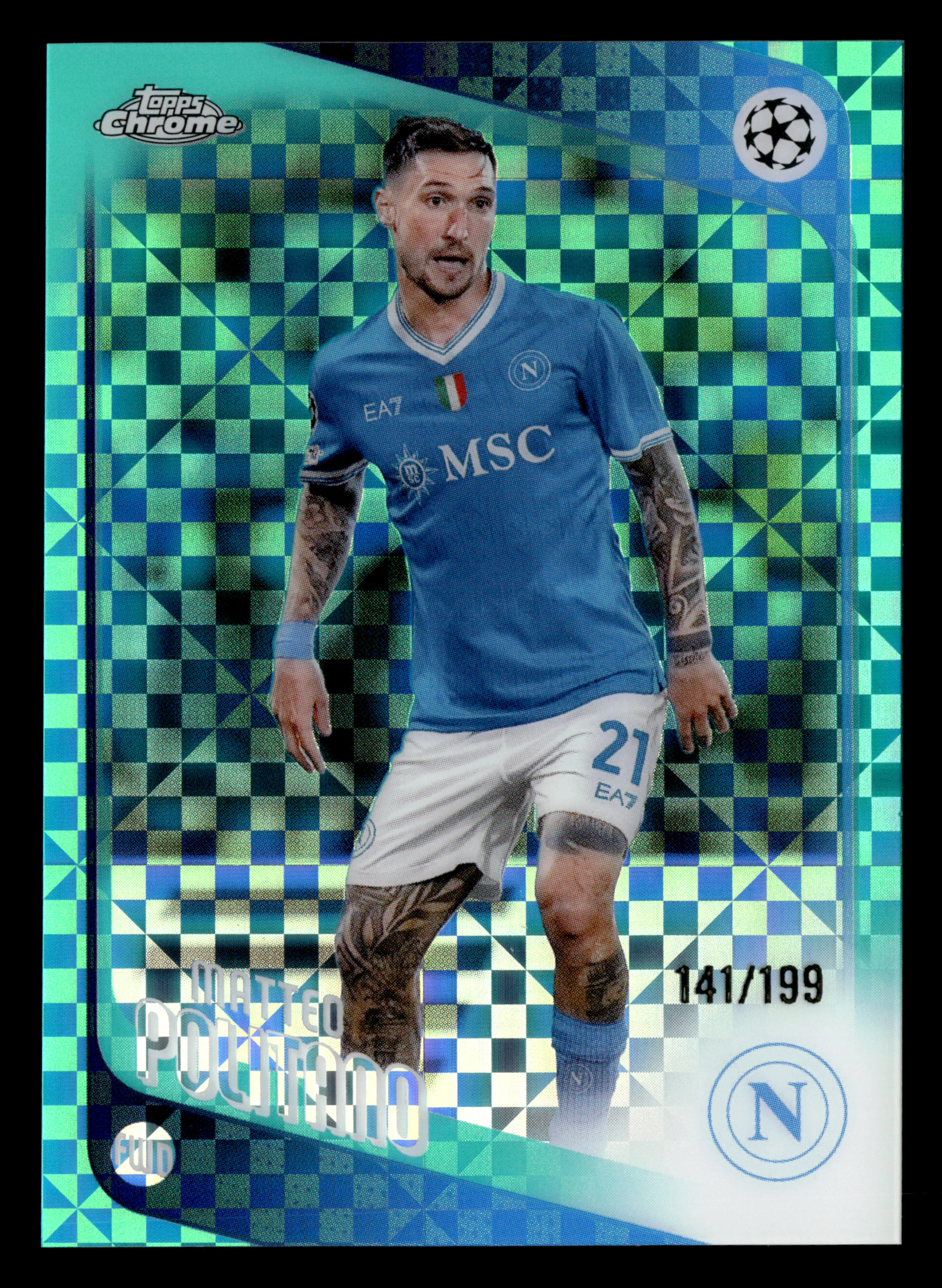 2025-26 Topps Chrome UCC #7 Matteo Politano Aqua X-Fractor #/199
