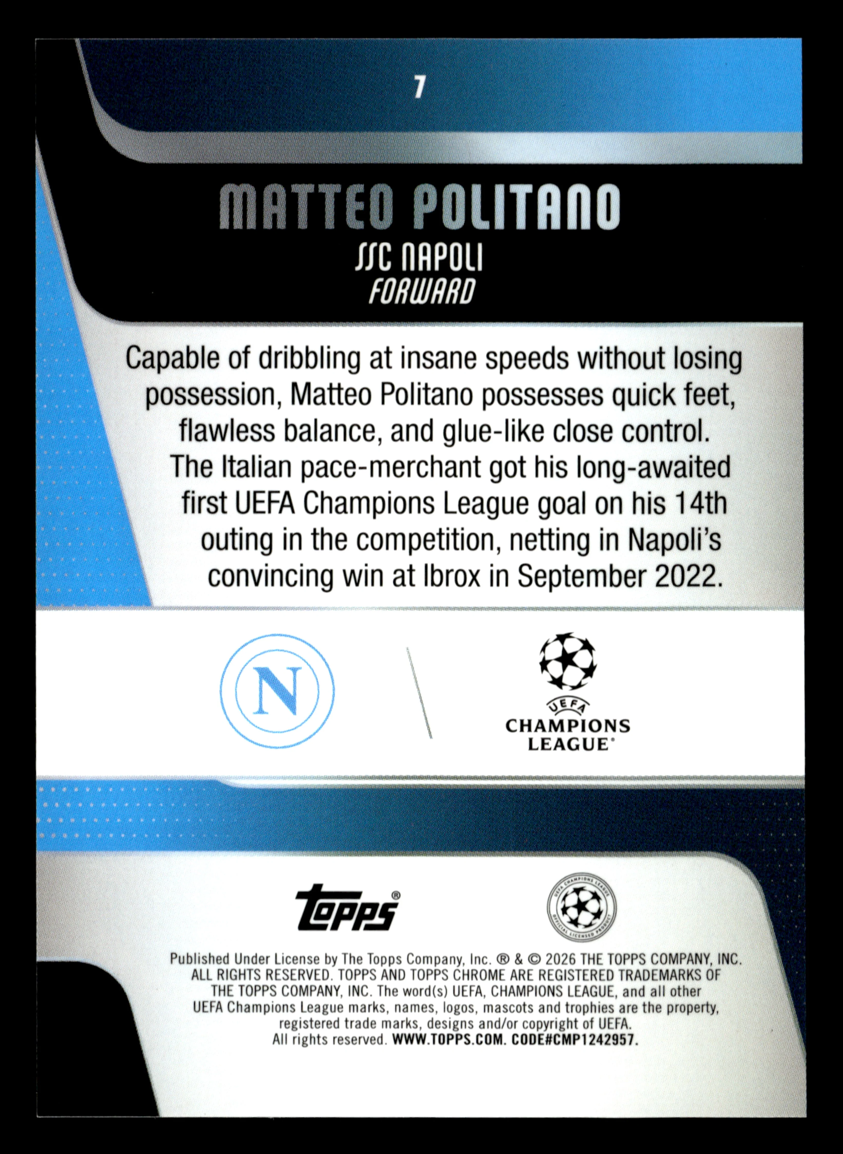 2025-26 Topps Chrome UCC #7 Matteo Politano Aqua X-Fractor #/199 - Image 2