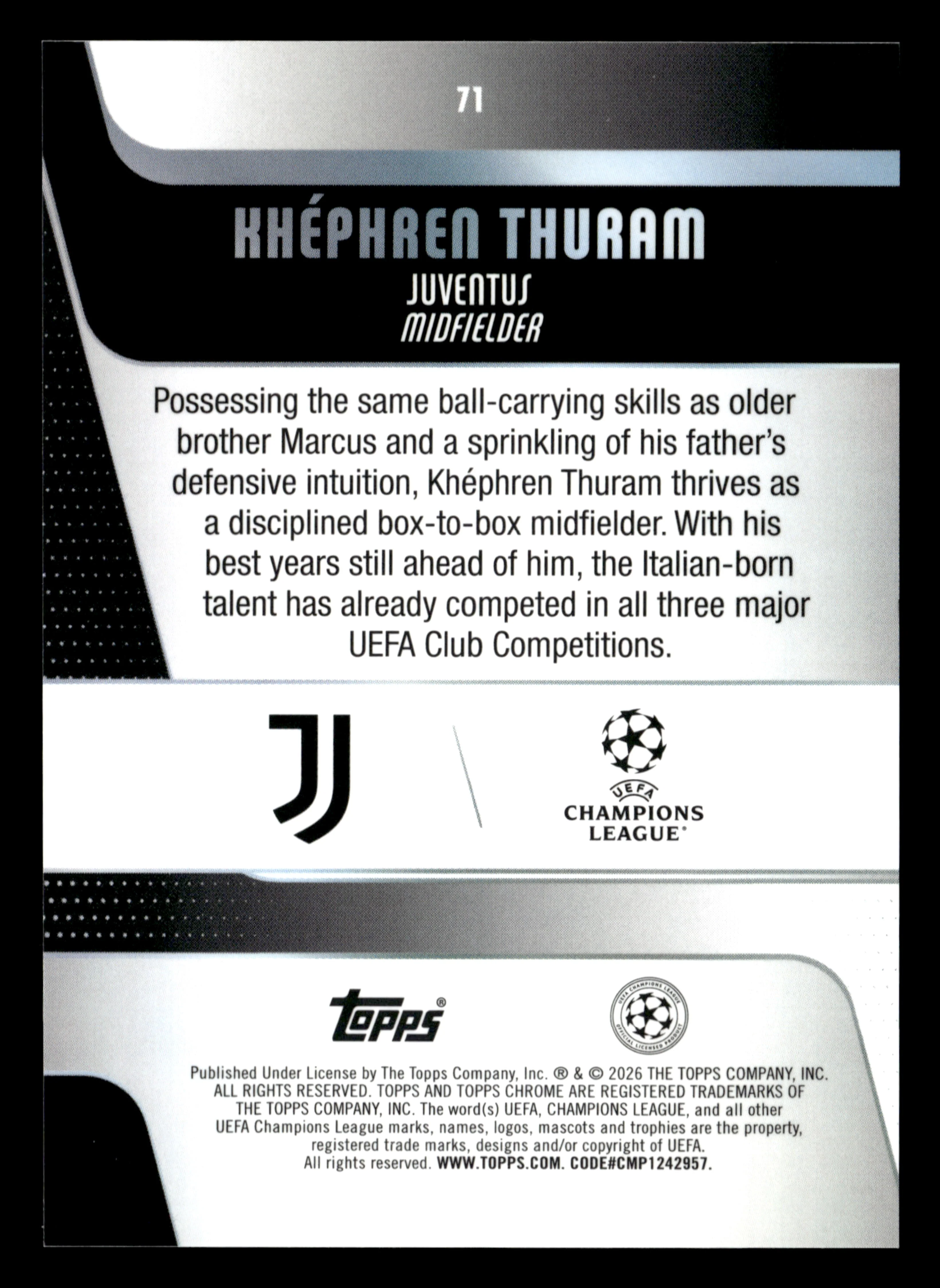 2025-26 Topps Chrome UCC #71 Khéphren Thuram Aqua X-Fractor #/199 - Image 2
