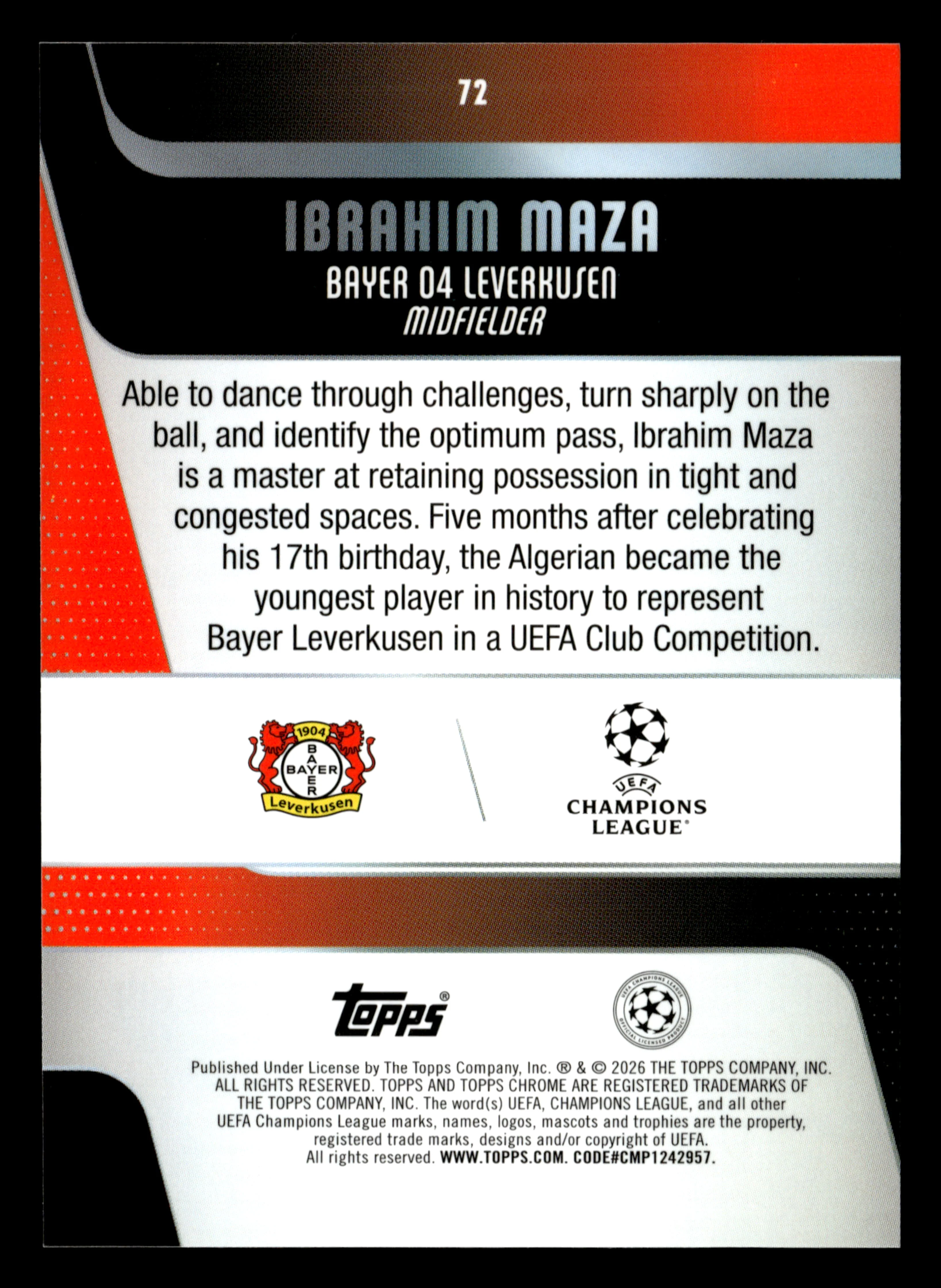 2025-26 Topps Chrome UCC #72 Ibrahim Maza Blue X-Fractor #/150 - Image 2