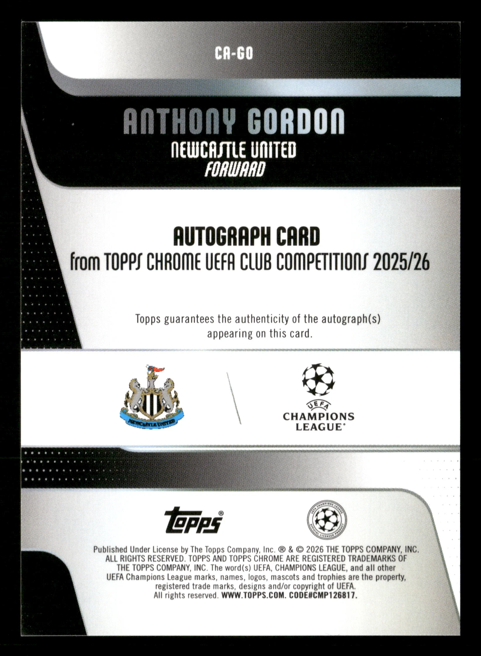 2025-26 Topps Chrome UCC #CA-GO Anthony Gordon Chrome Auto #/99 - Image 2