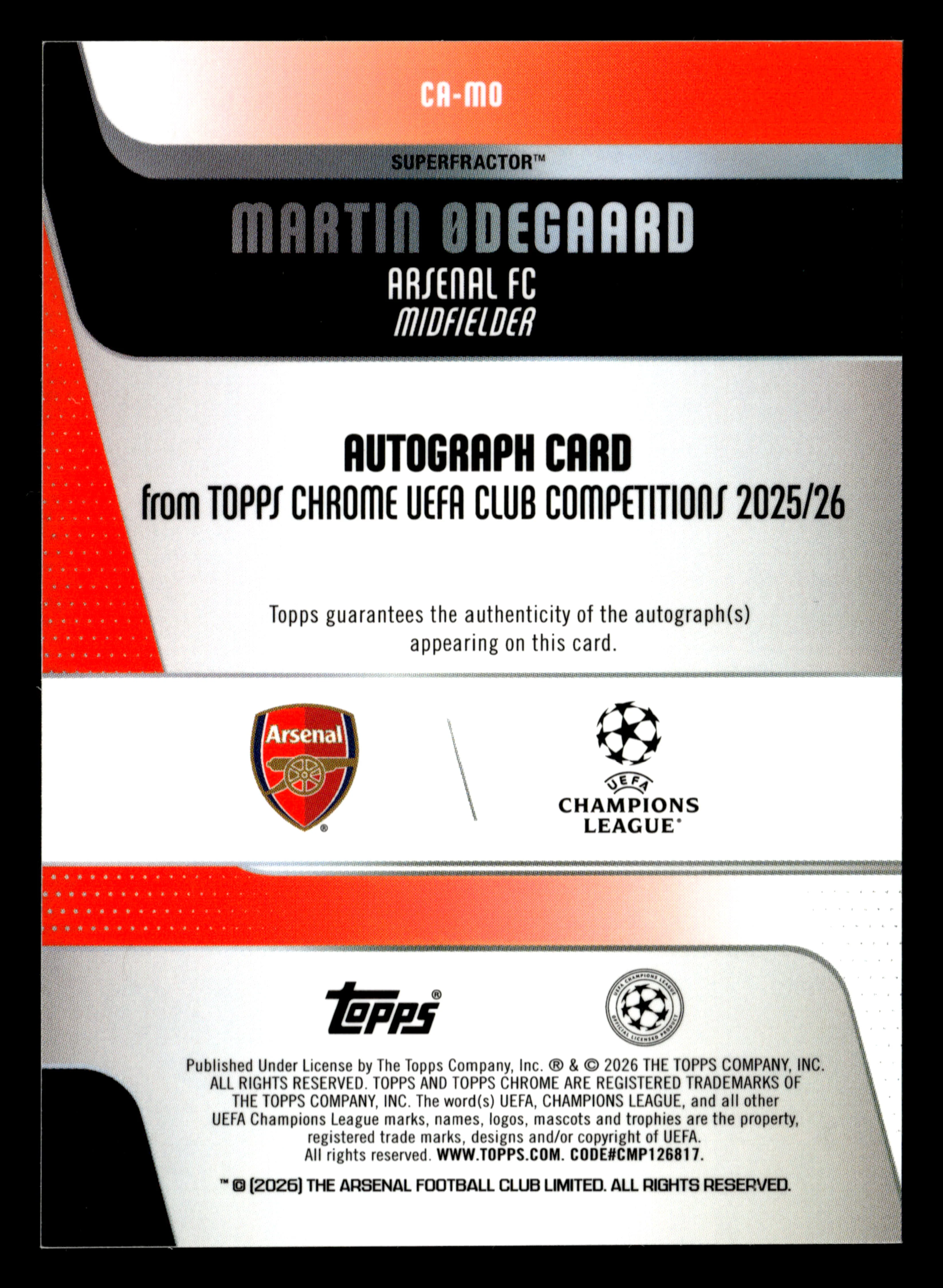 2025-26 Topps Chrome UCC #CA-MO Martin Odegaard Superfractor Autograph 1/1 - Image 2