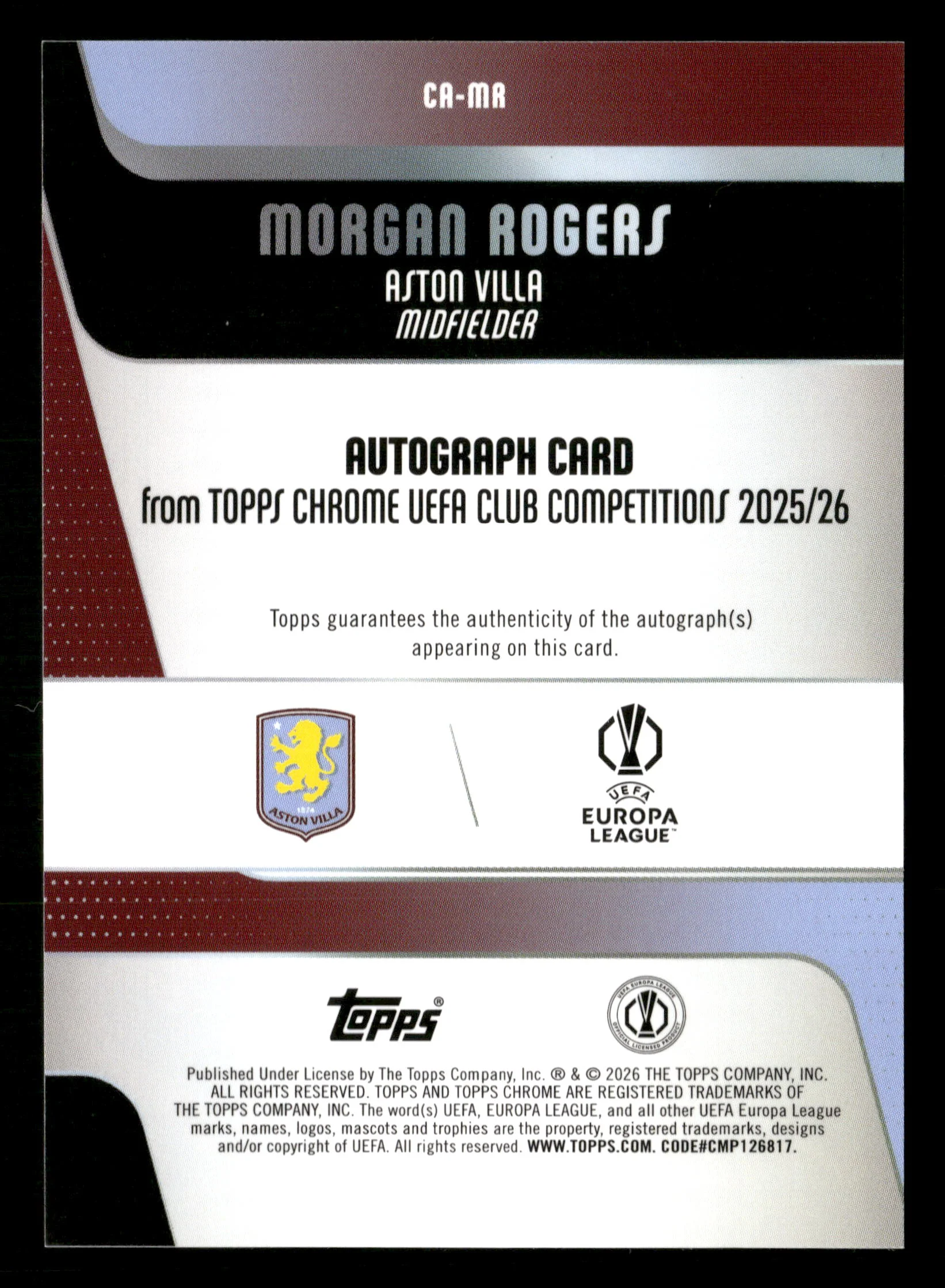 2025-26 Topps Chrome UCC #CA-MR Morgan Rogers Chrome Autographs  #/199 - Image 2