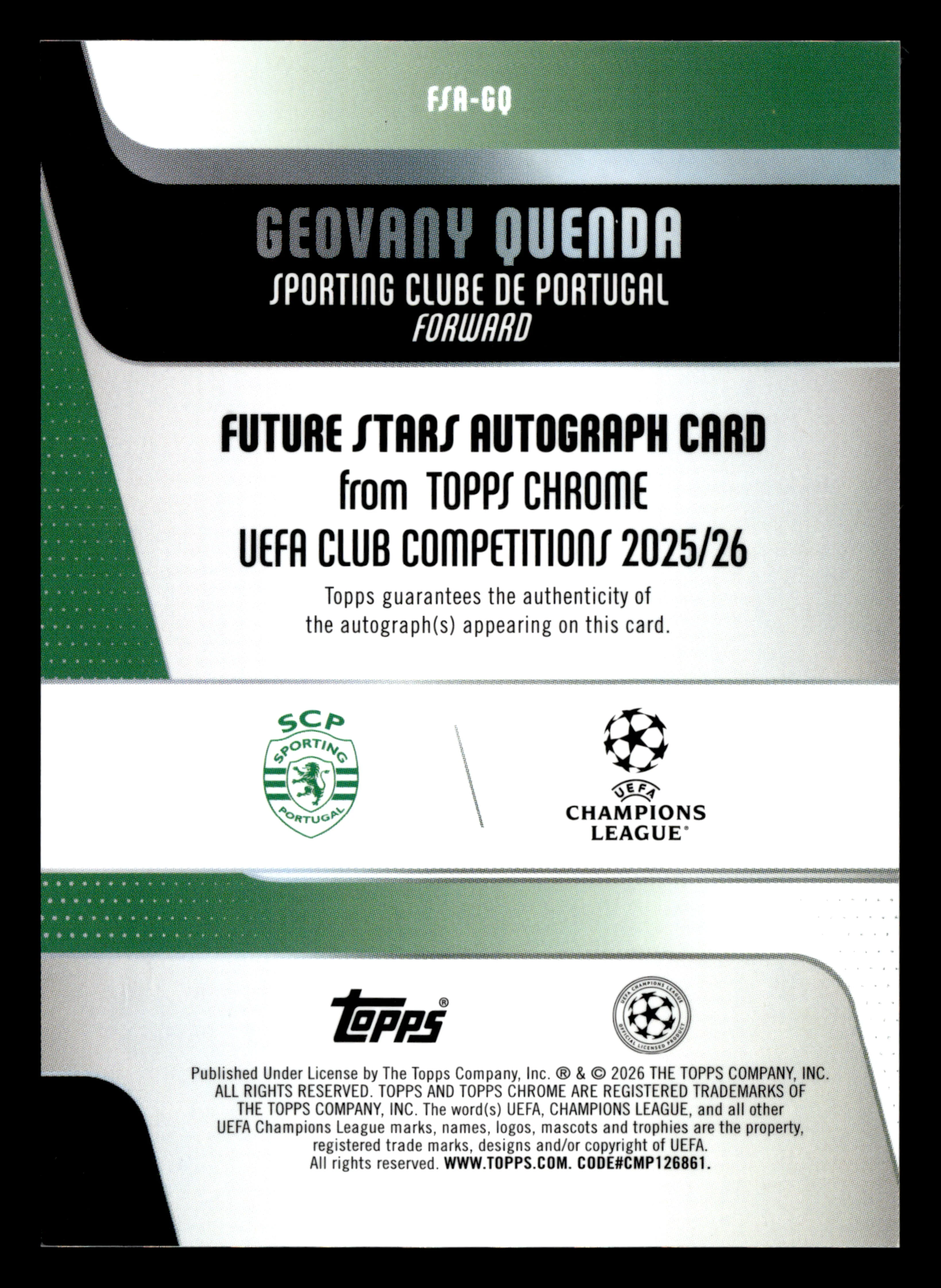2025-26 Topps Chrome UCC #FSA-GQ Geovany Quenda Future Stars Auto Black Geo #/10 - Image 2