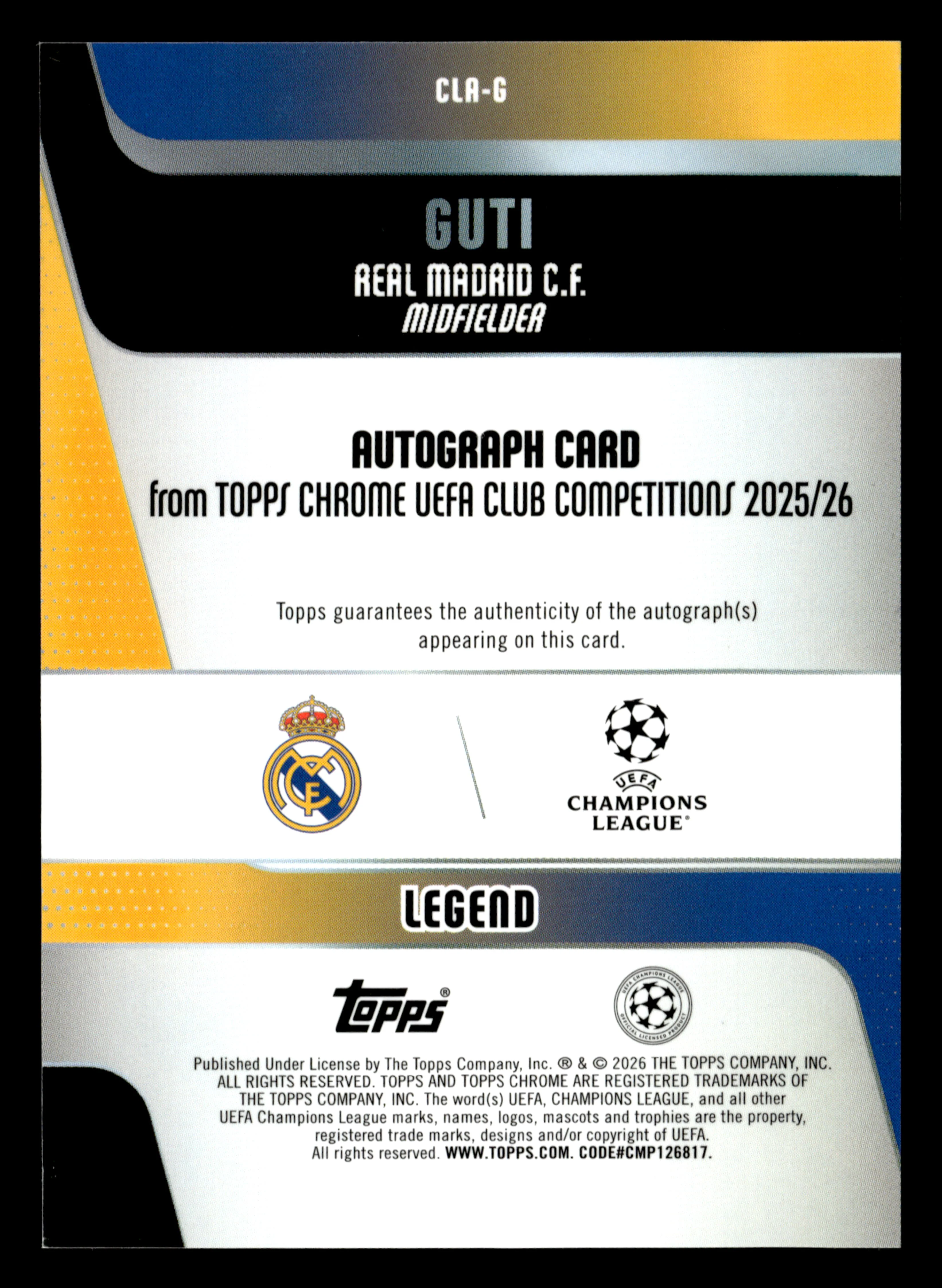 2025-26 Topps Chrome UEFA CC #CLA-G Guti Chrome Legends Auto Blue #/150 - Image 2