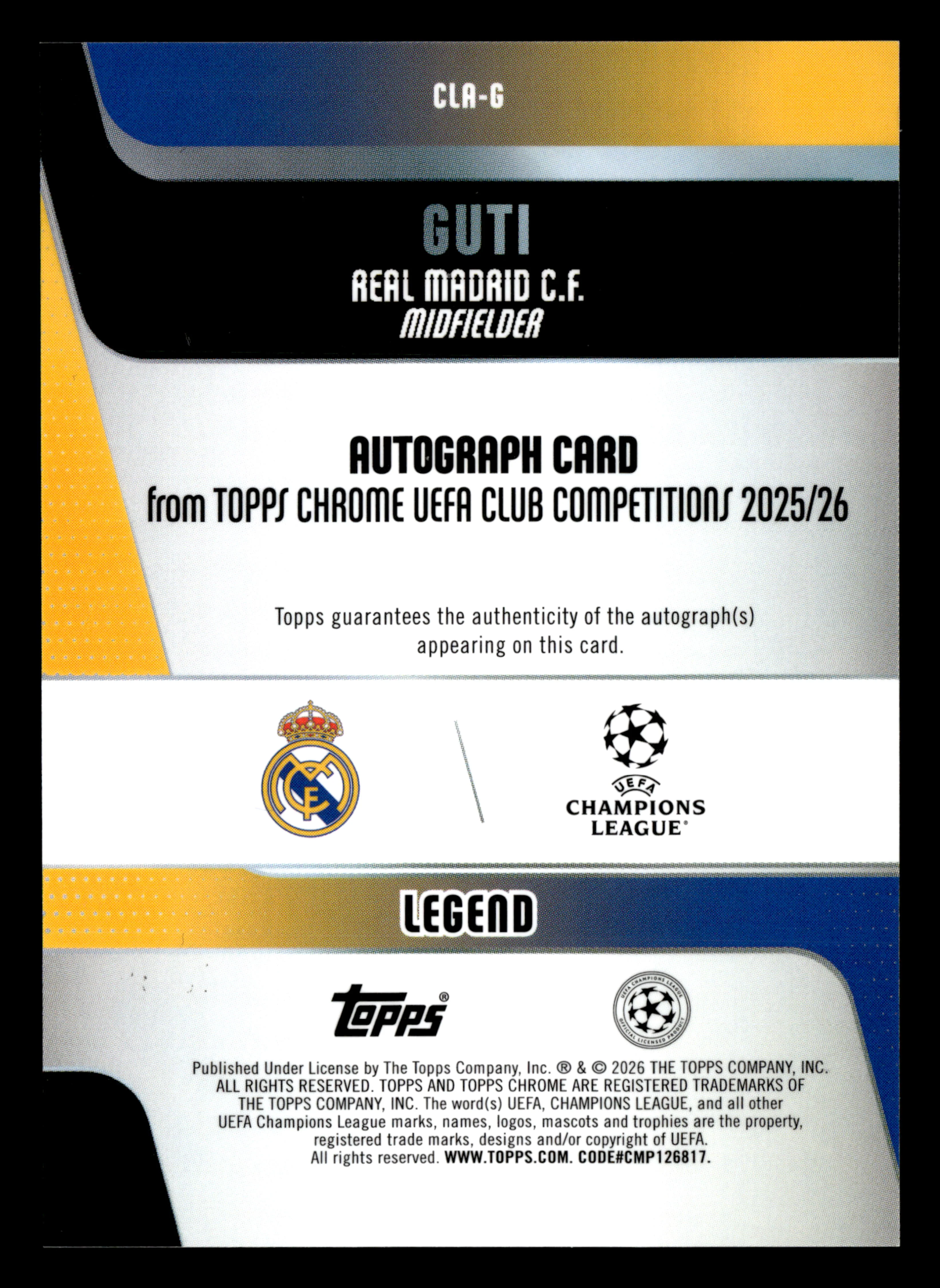 2025-26 Topps Chrome UEFA CC #CLA-G Guti Chrome Legends Auto Green Lava #/99 - Image 2