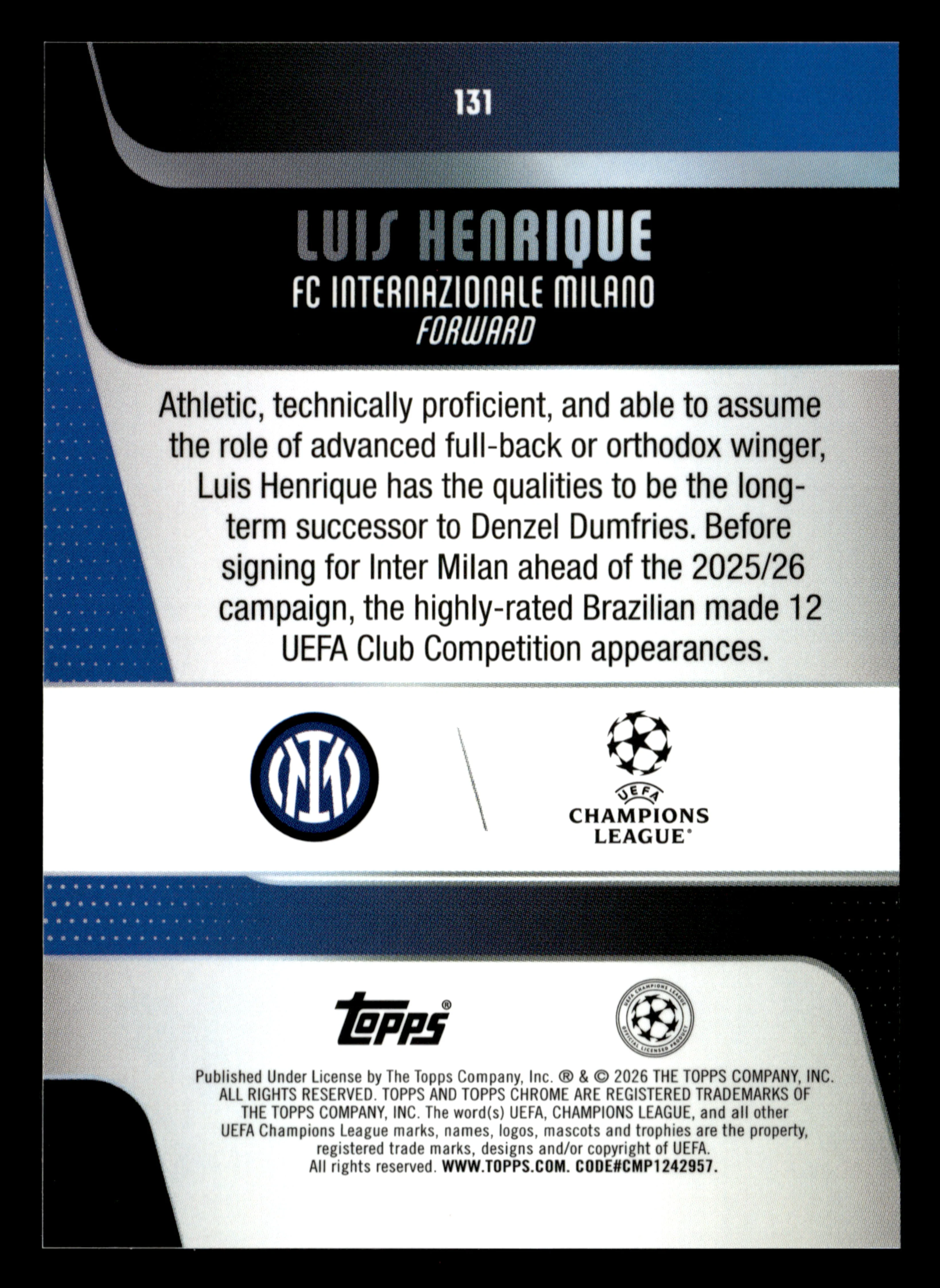 2025-26 Topps Chrome UEFA Club Comp #131 Luis Henrique Purple X-Fractor #/75 - Image 2