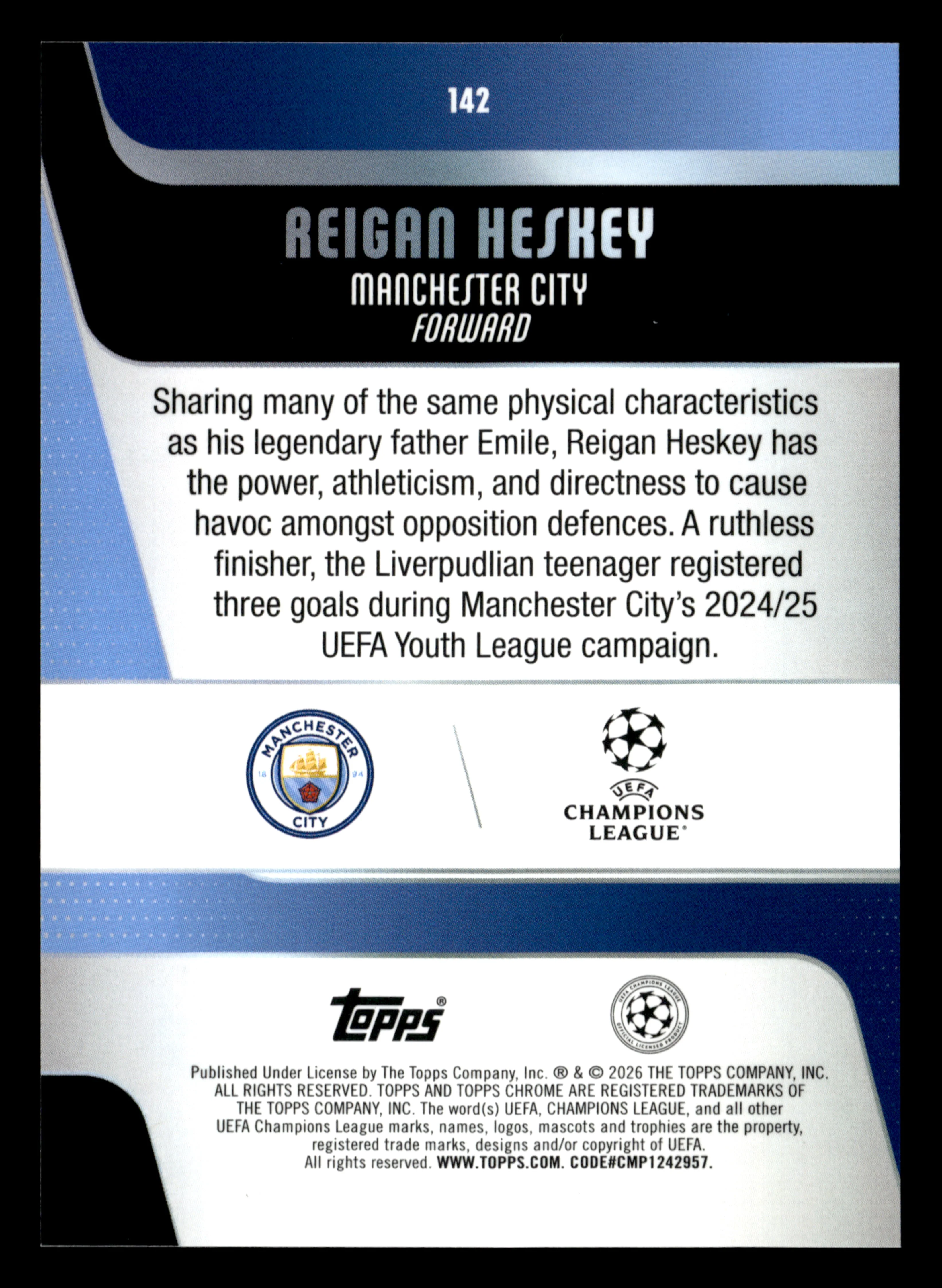 2025-26 Topps Chrome UEFA Club Comp #142 Reigan Heskey Aqua X-Fractor #/199 - Image 2