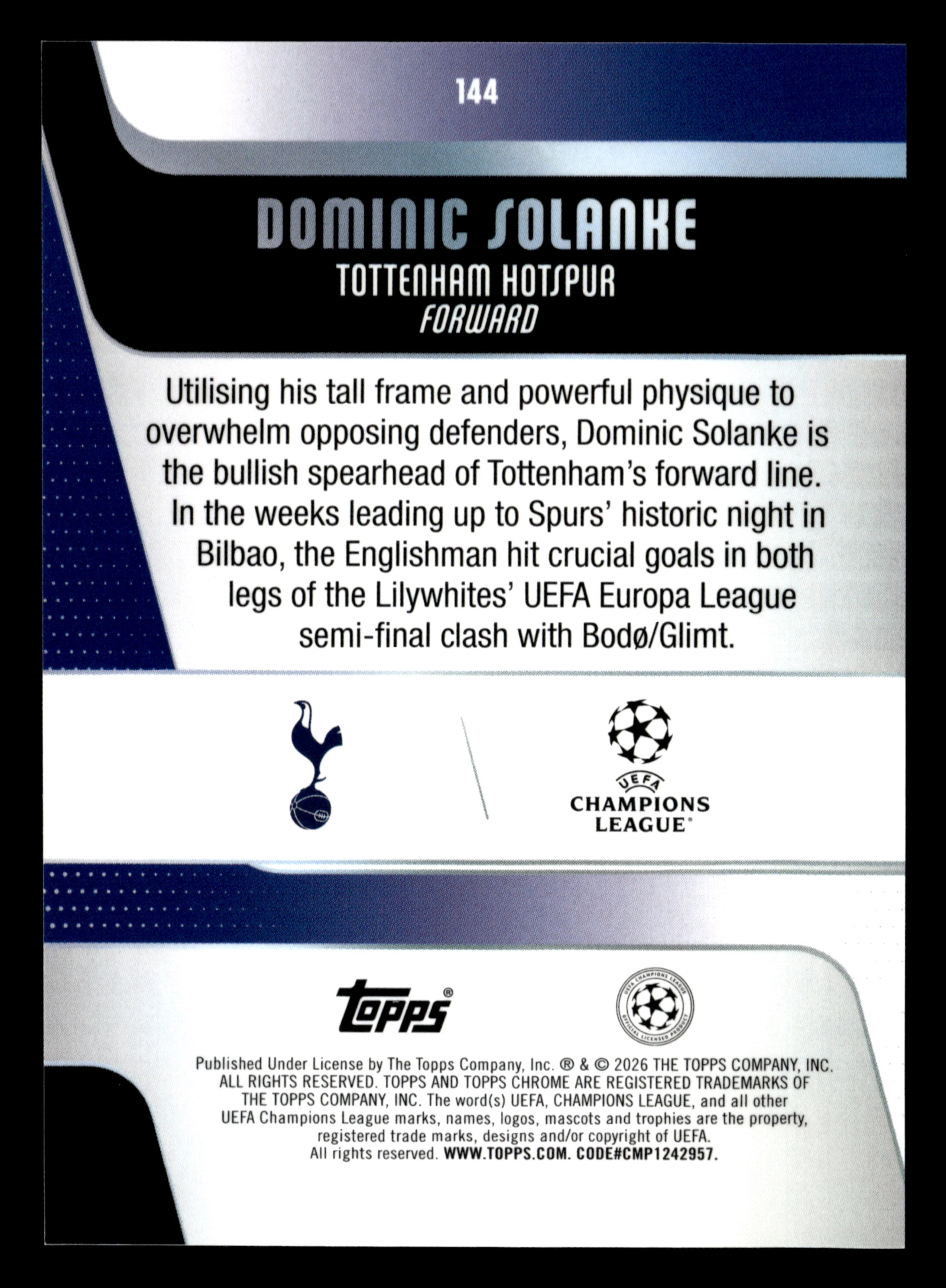 2025-26 Topps Chrome UEFA Club Comp #144 Dominic Solanke Pink X-Fractor #/250 - Image 2