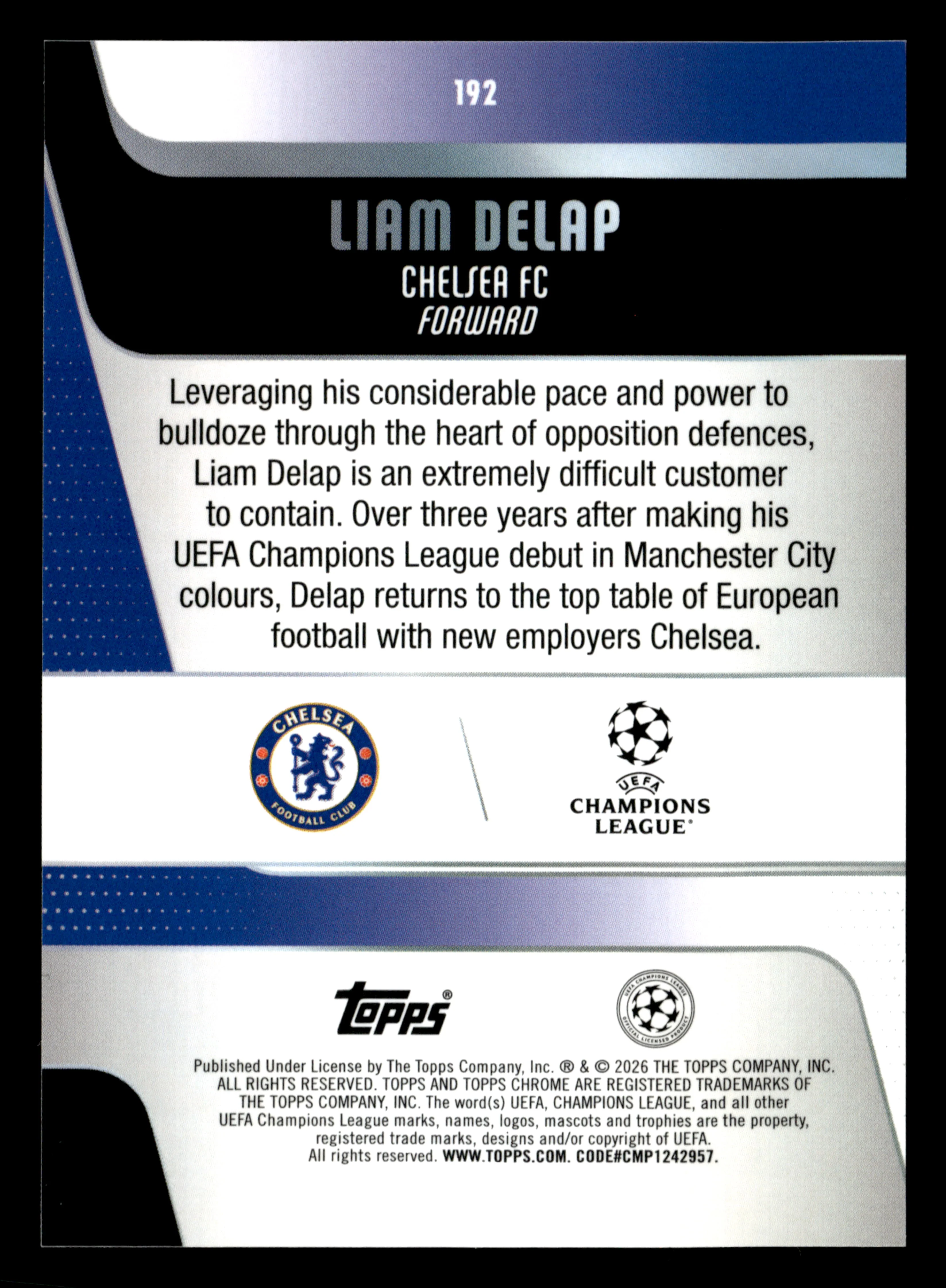 2025-26 Topps Chrome UEFA Club Comp #192 Liam Delap Aqua Mini-Diamonds #/199 - Image 2