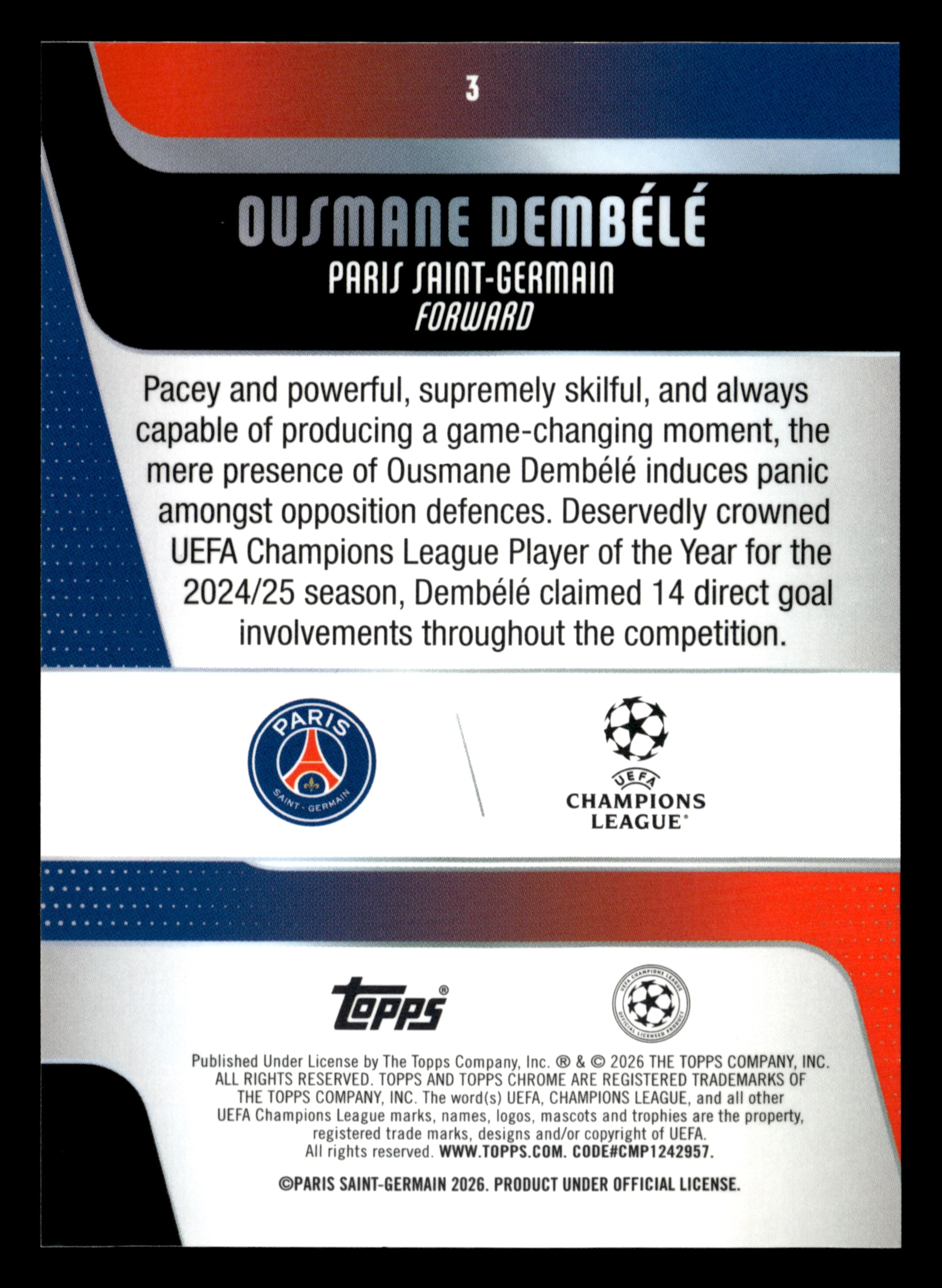 2025-26 Topps Chrome UEFA Club Comp #3 Ousmane Dembélé Green X-Fractor #/99 - Image 2