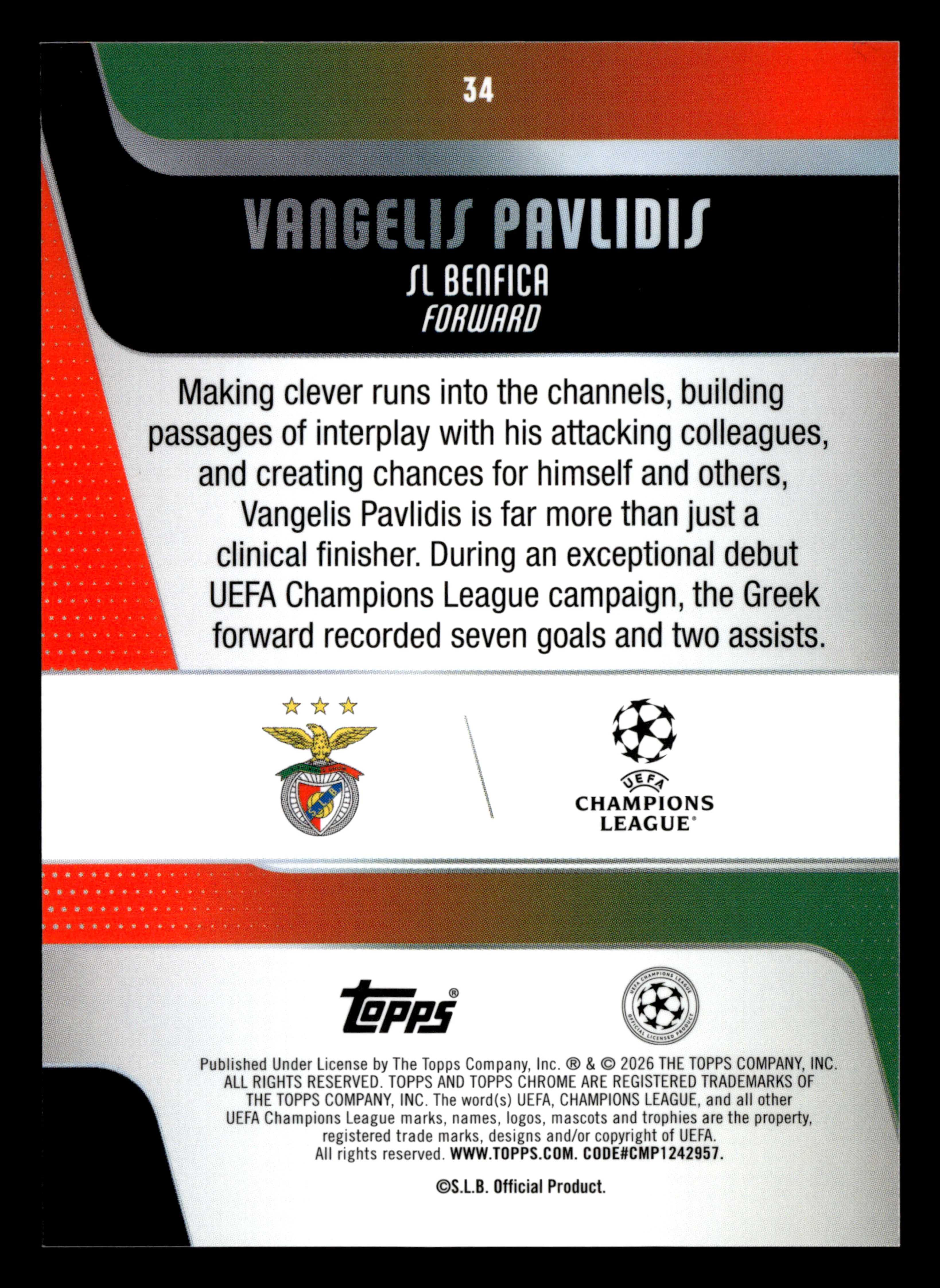 2025-26 Topps Chrome UEFA Club Comp #34 Vangelis Pavlidis Orange Geometric #/25 - Image 2