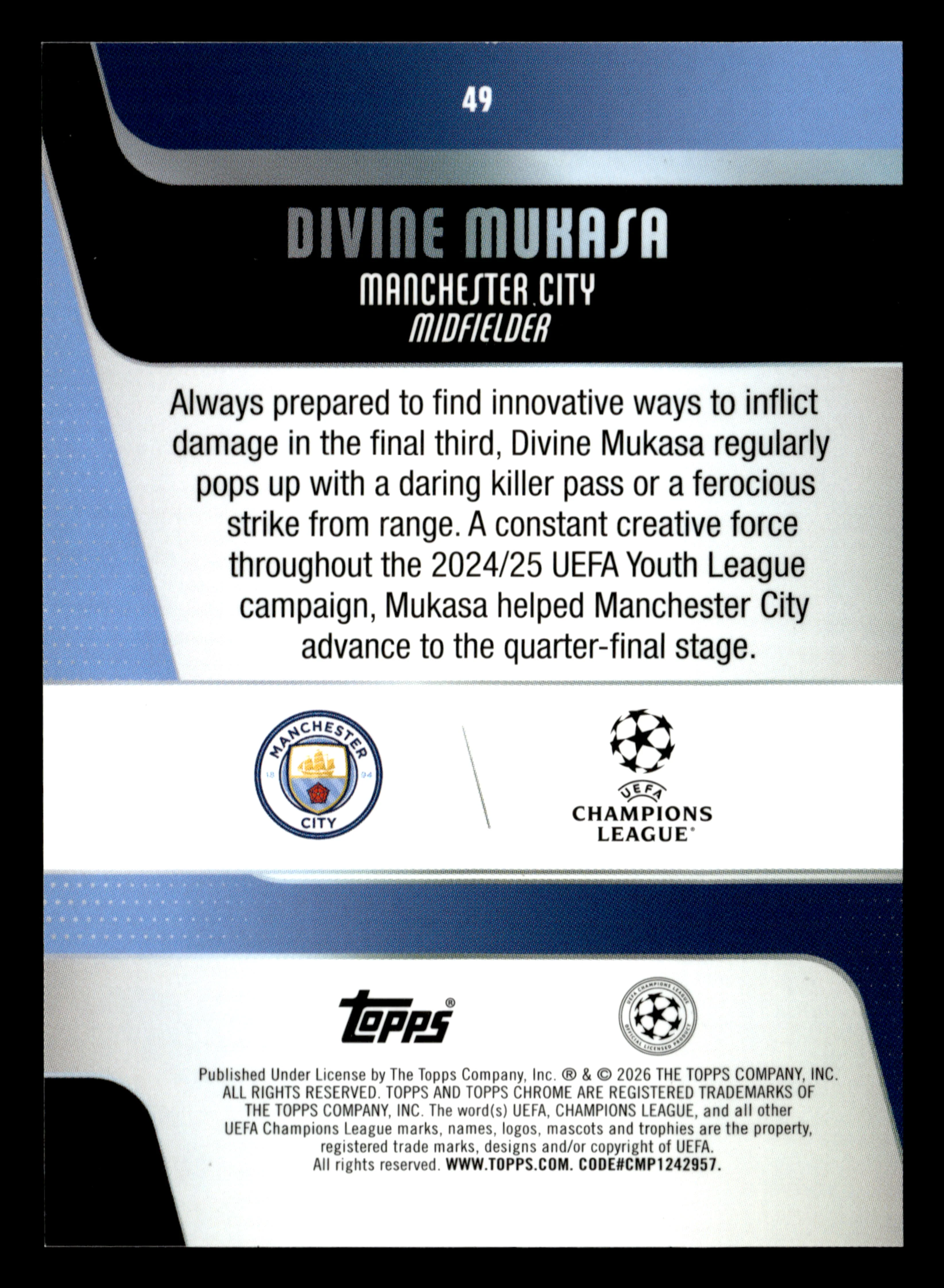 2025-26 Topps Chrome UEFA Club Comp #49 Divine Mukasa Teal Mini-Diamonds #/299 - Image 2