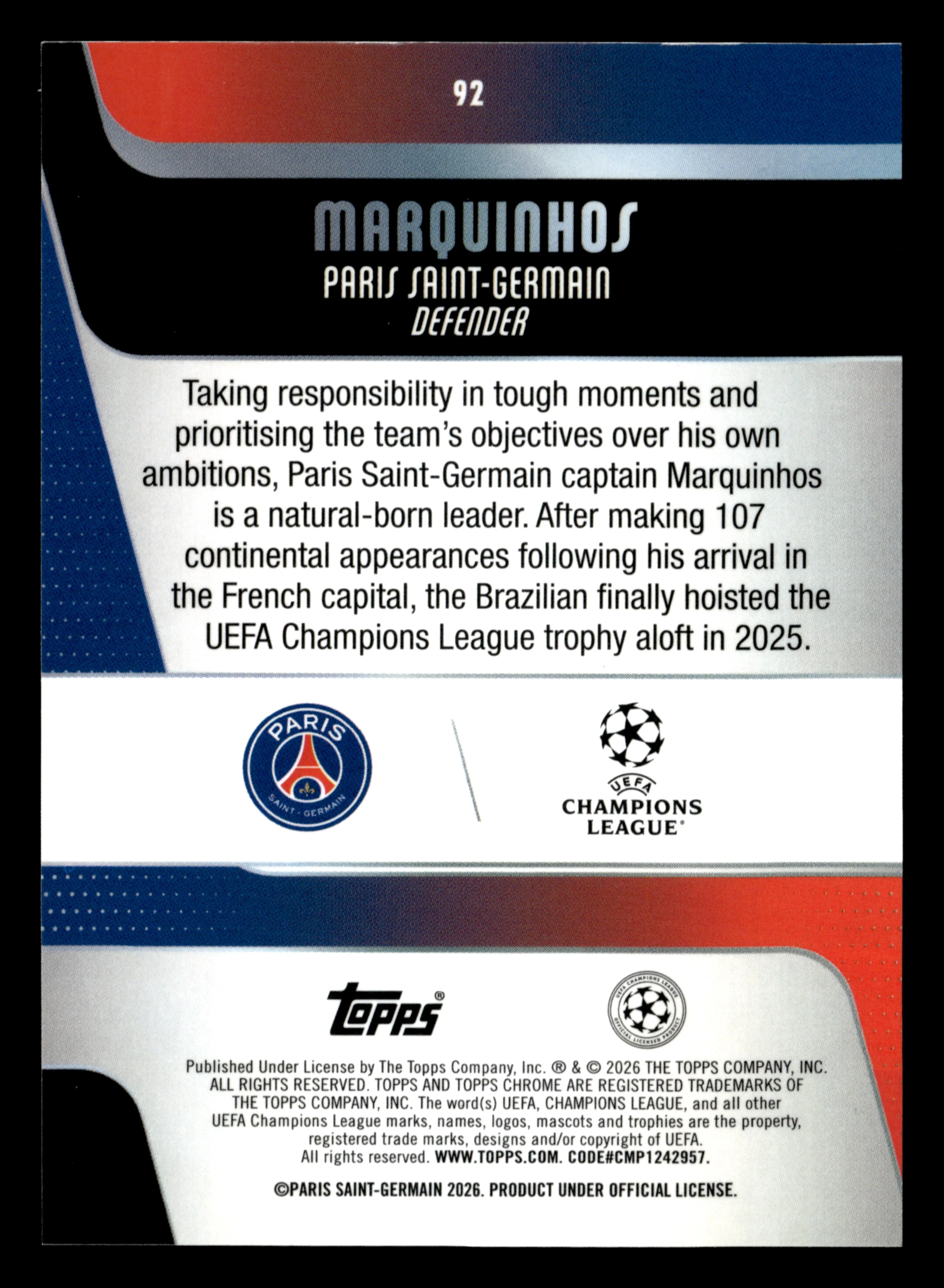 2025-26 Topps Chrome UEFA Club Comp #92 Marquinhos Pink Mini-Diamonds #/250 - Image 2